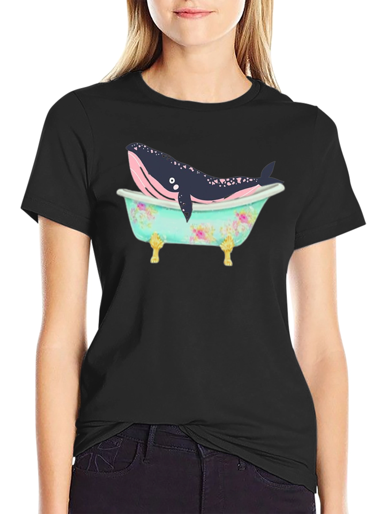 Whale in Tub Graphic Tee - Black Cotton T-Shirt