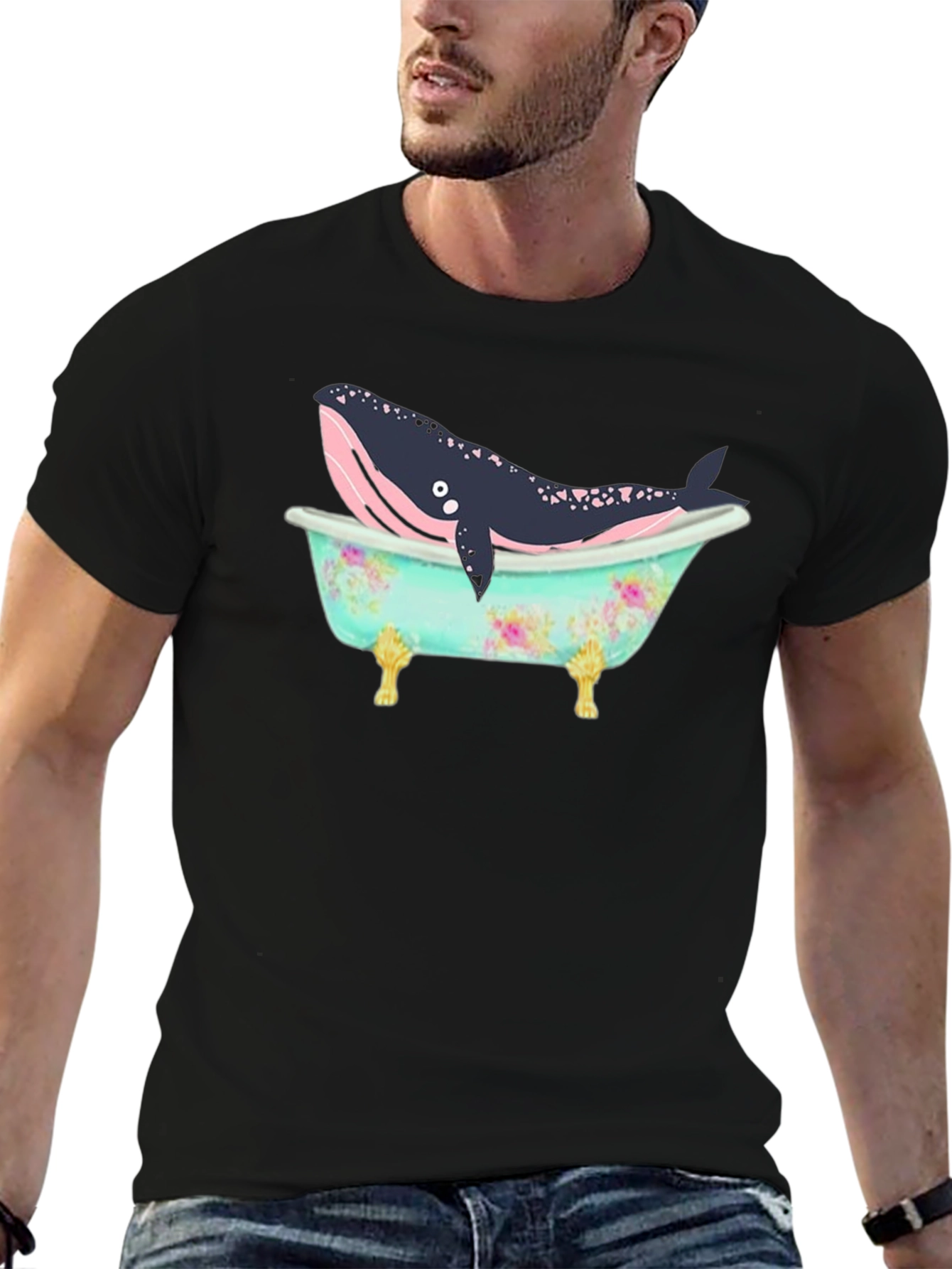 Whale in Tub Graphic Tee - Black Cotton T-Shirt