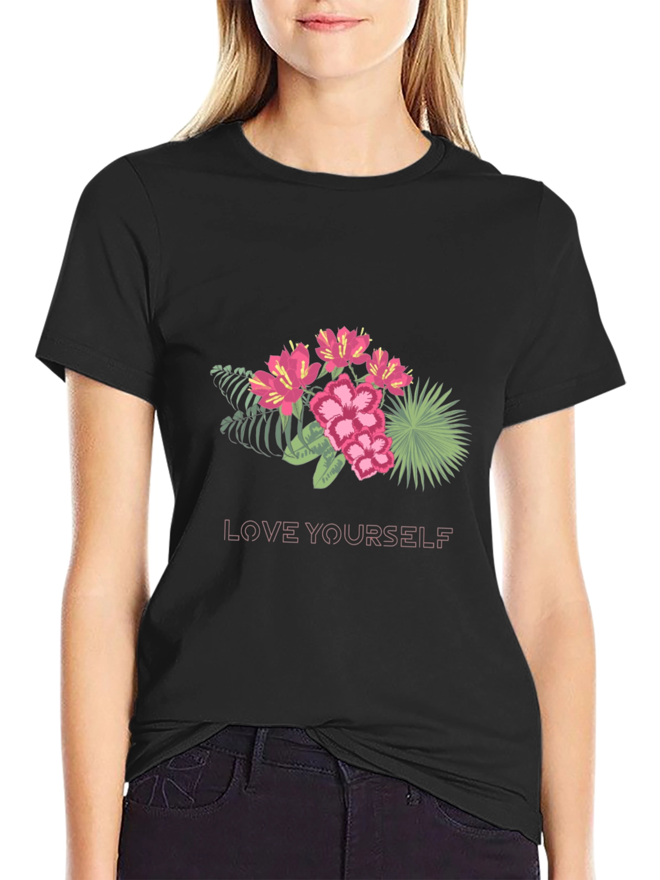 Floral Love Yourself Black T-Shirt
