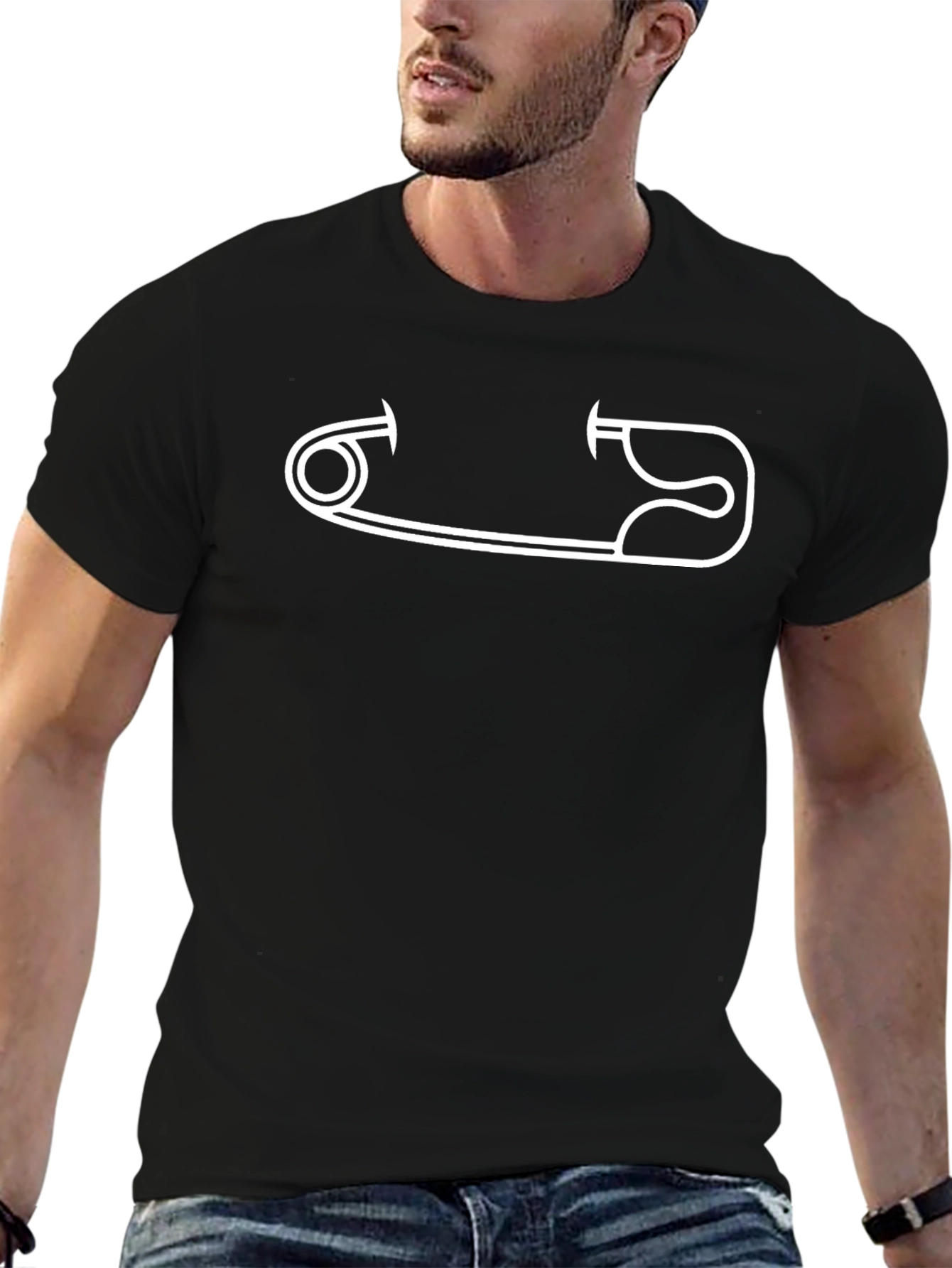 Safety Pin Graphic Tee - Modern Black Cotton Shirt