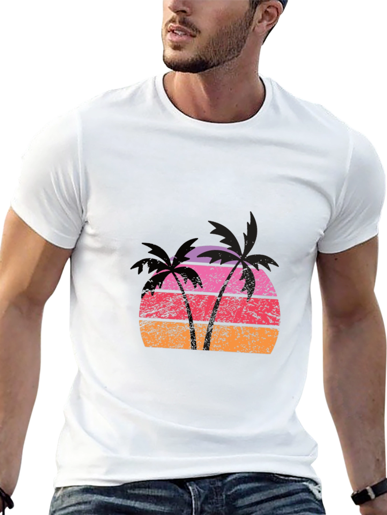 Retro Palm Tree Sunset Graphic Tee - Black