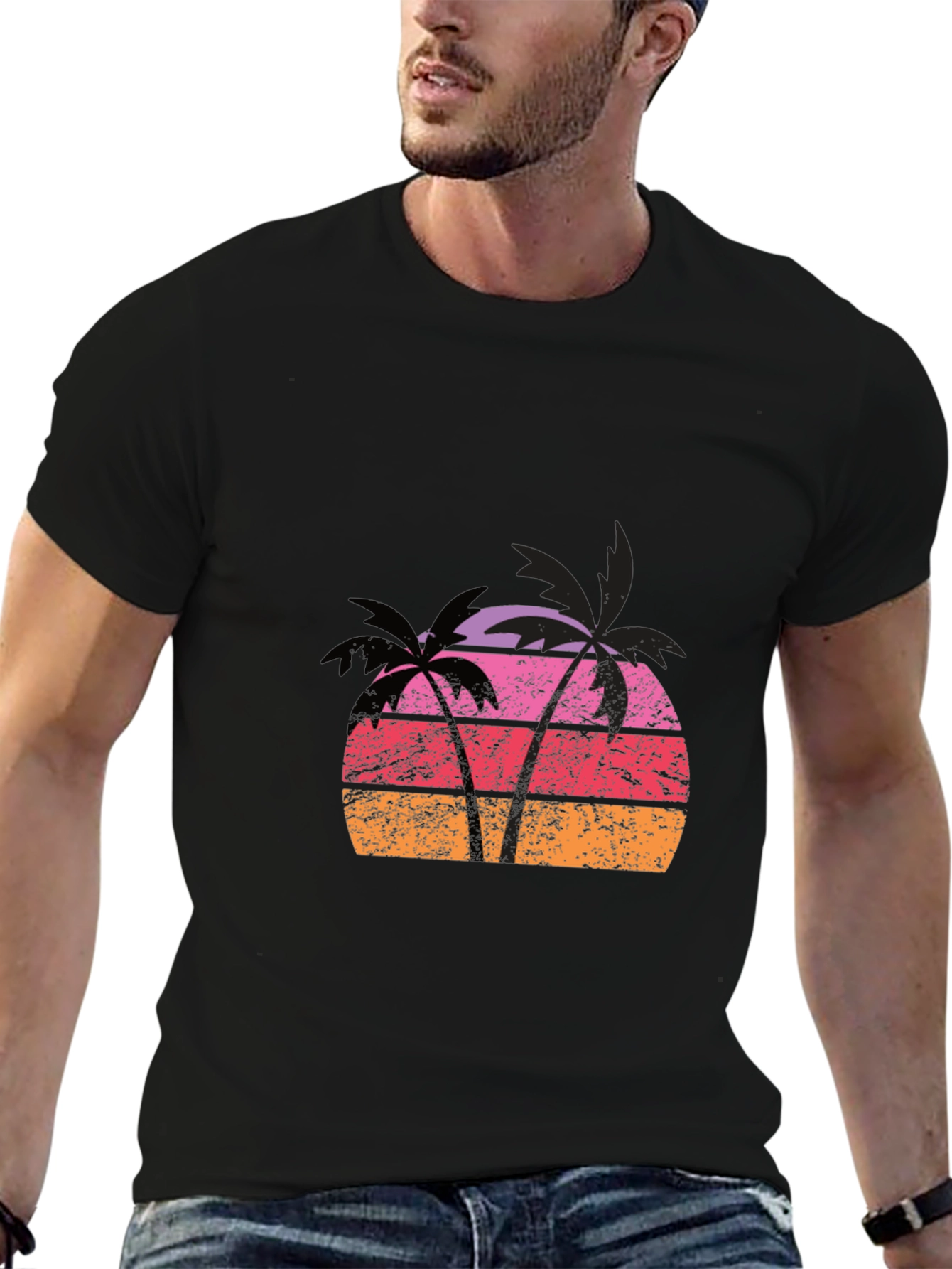 Retro Palm Tree Sunset Graphic Tee - Black