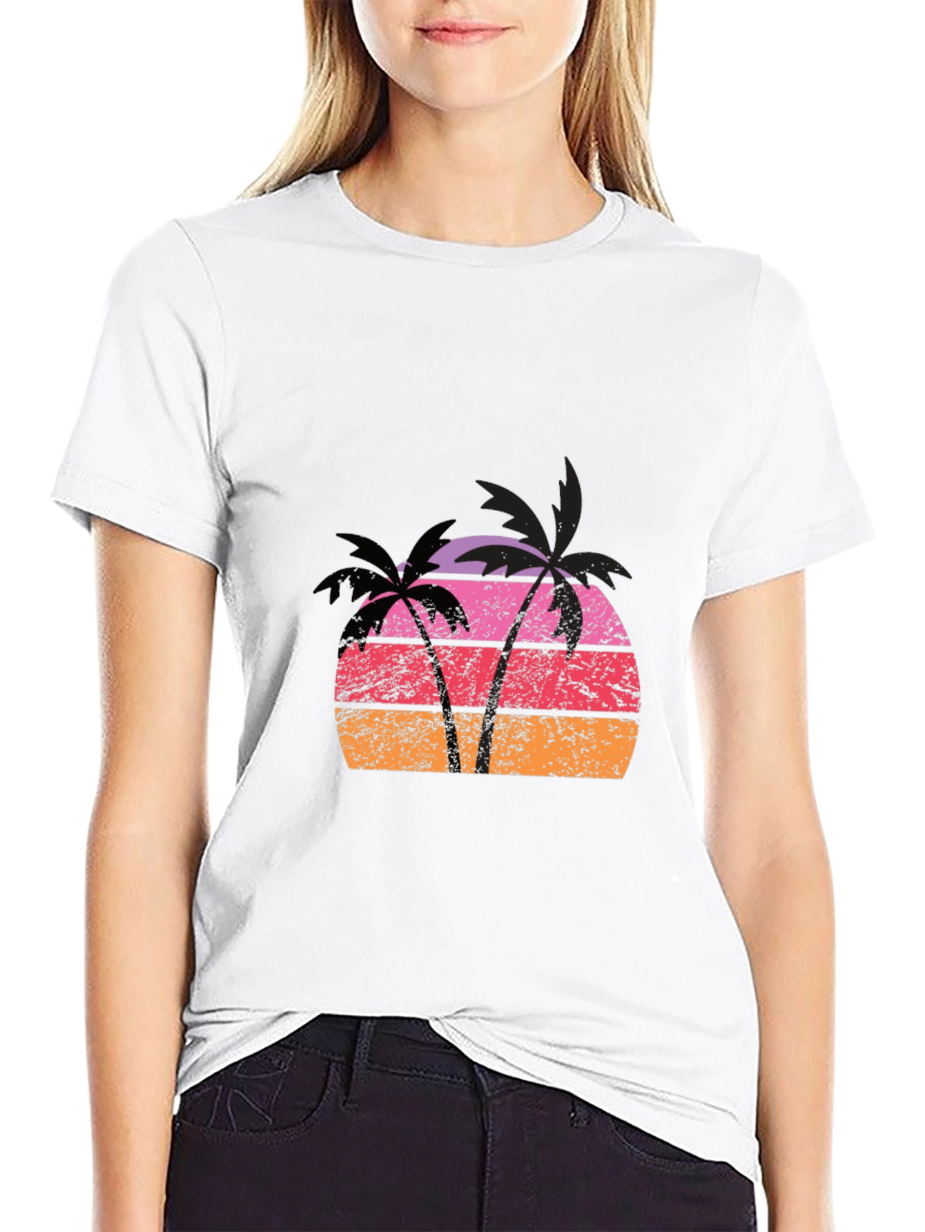 Retro Palm Tree Sunset Graphic Tee - Black