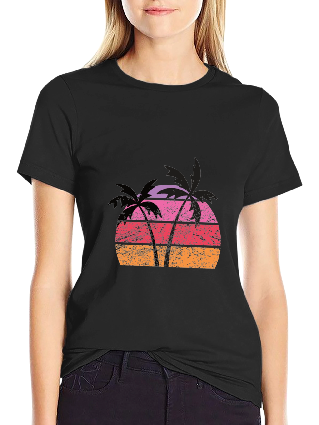 Retro Palm Tree Sunset Graphic Tee - Black