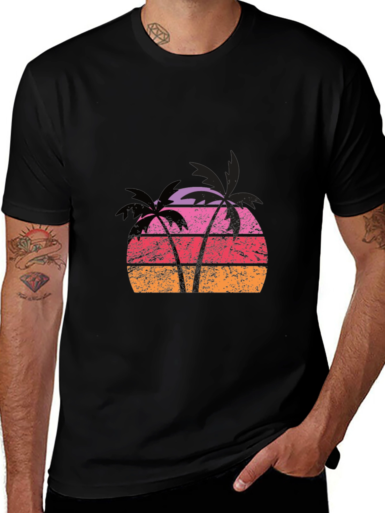 Retro Palm Tree Sunset Graphic Tee - Black