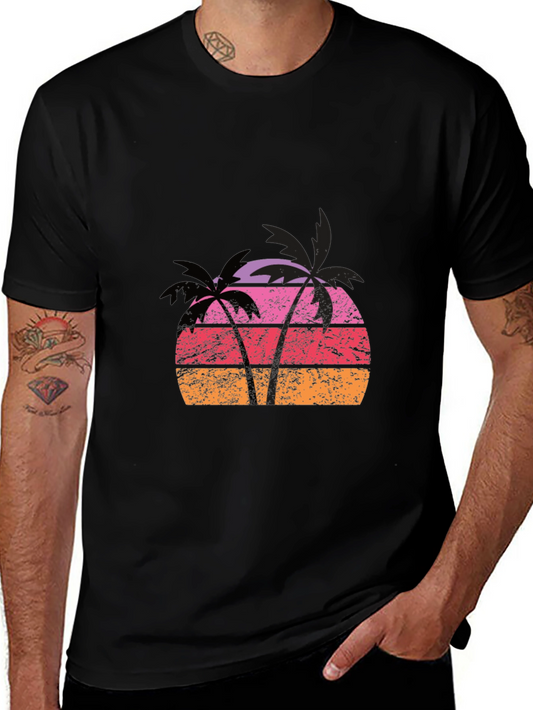 Retro Palm Tree Sunset Graphic Tee - Black