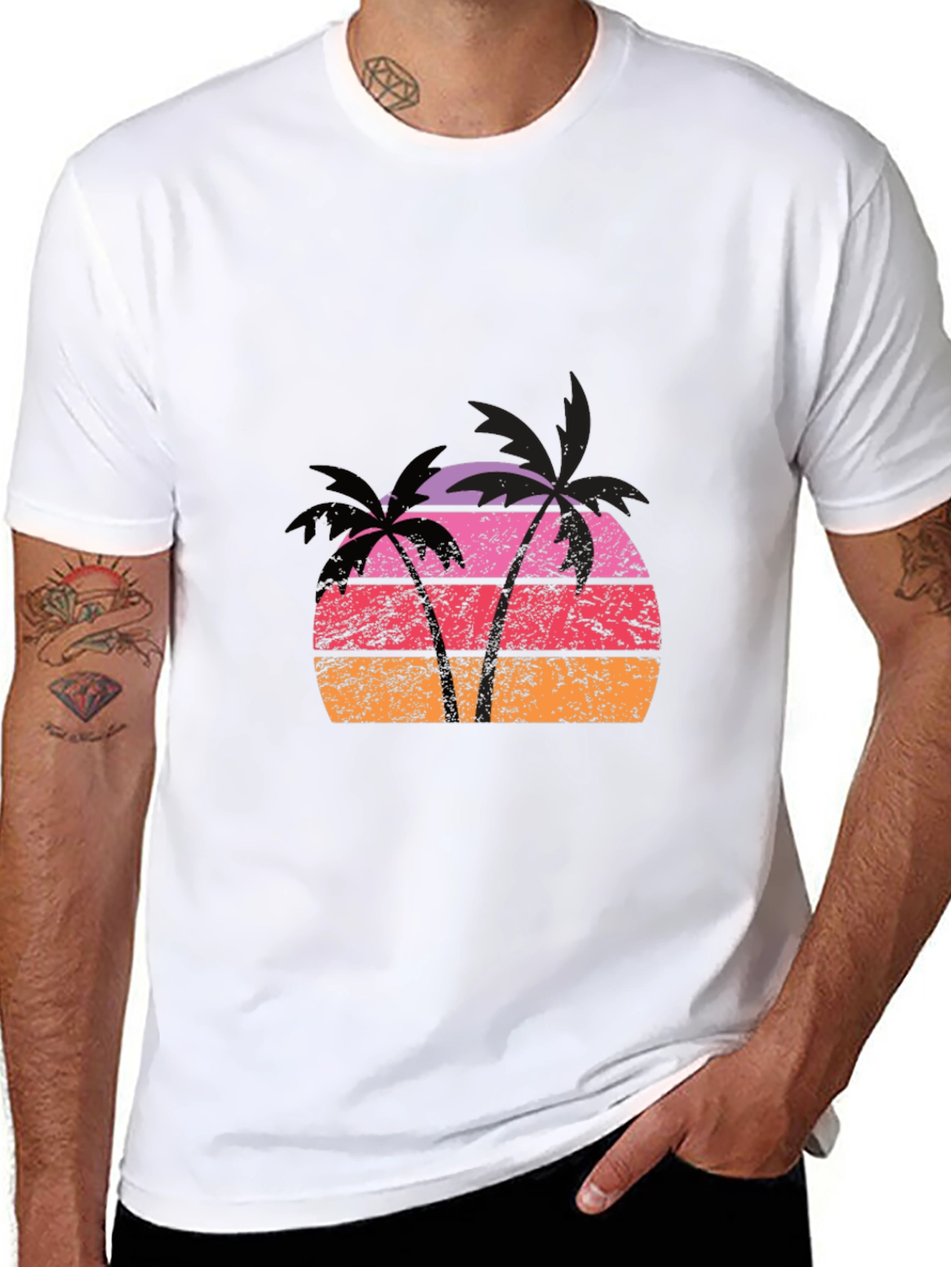 Retro Palm Tree Sunset Graphic Tee - Black