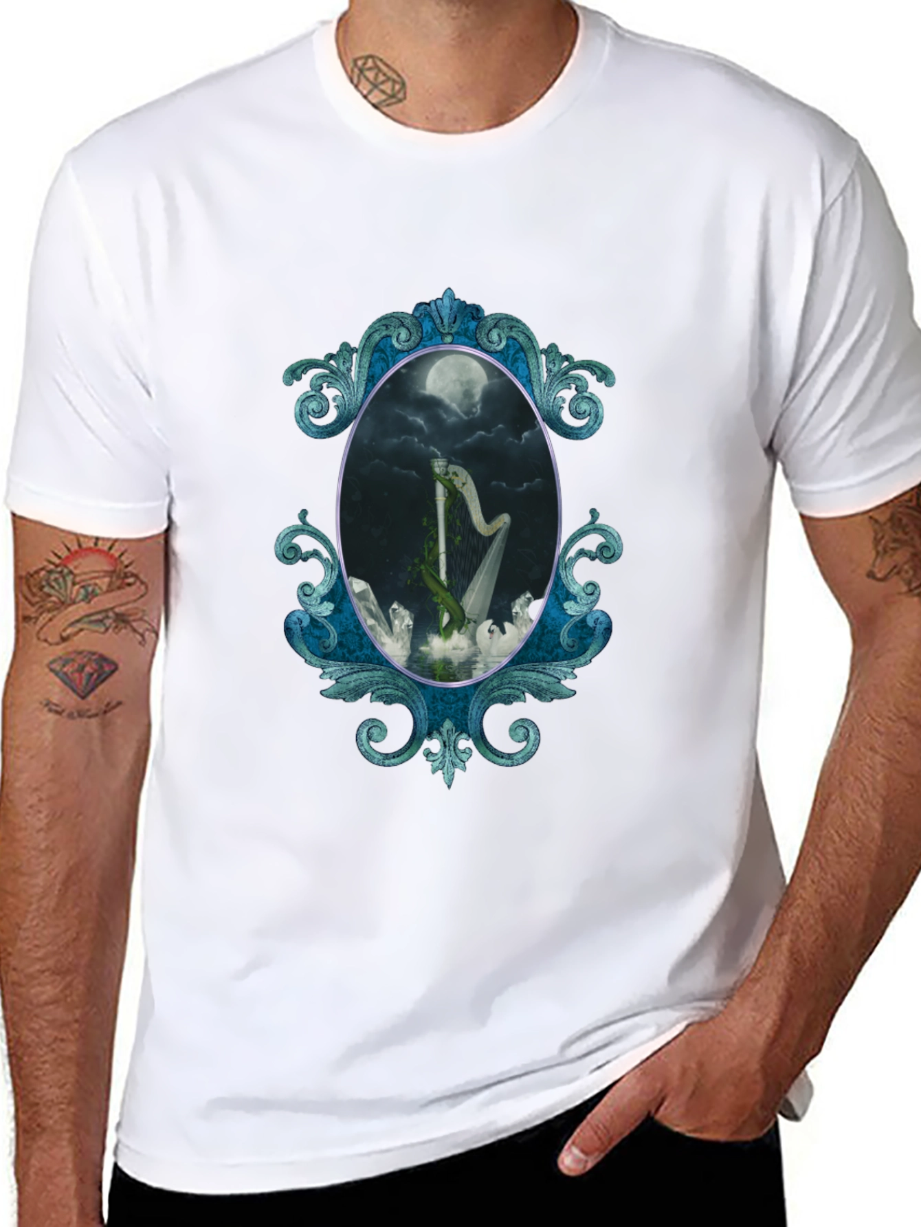 Mystic Harp T-Shirt - Gothic Moon Design
