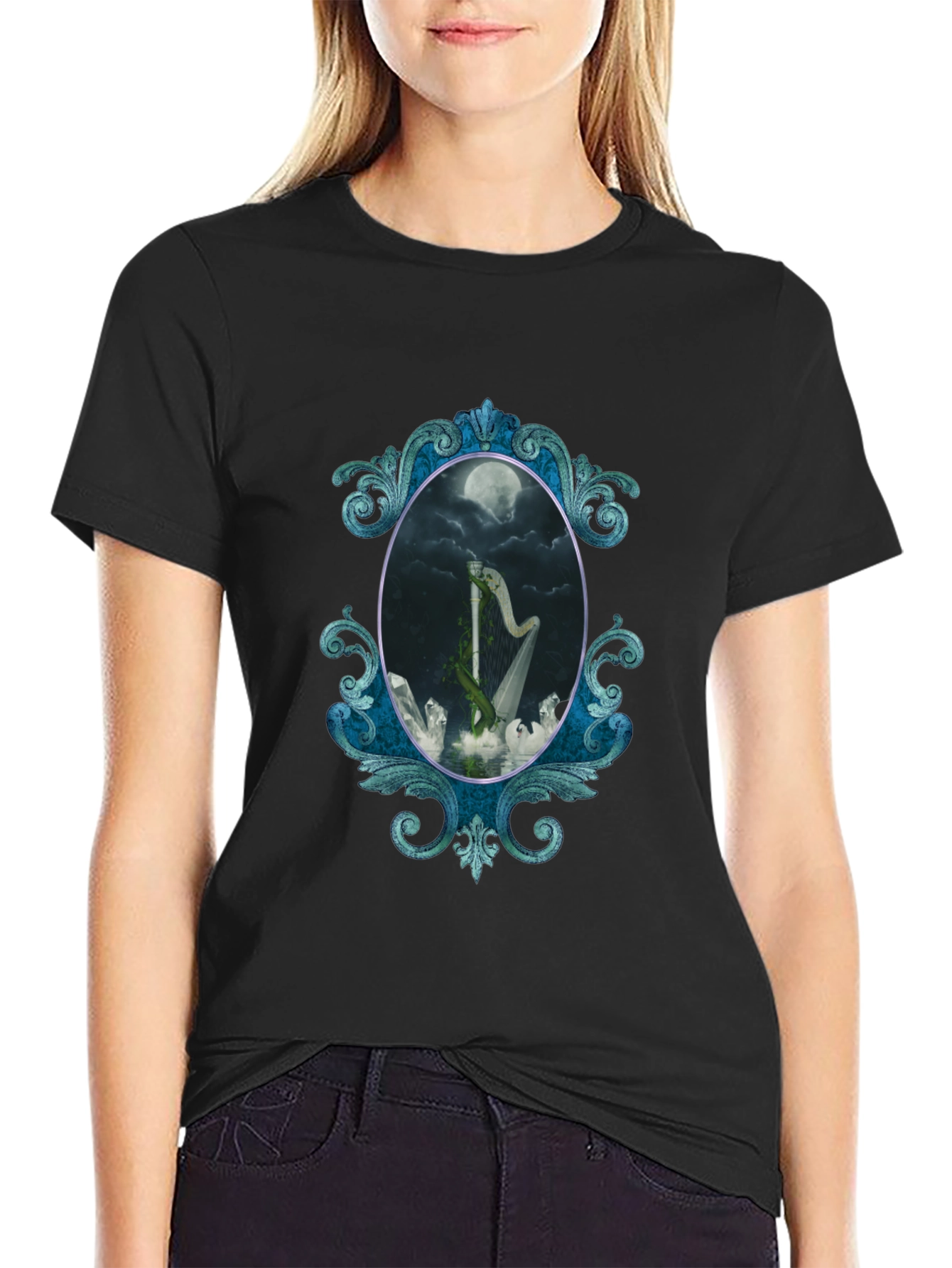 Mystic Harp T-Shirt - Gothic Moon Design