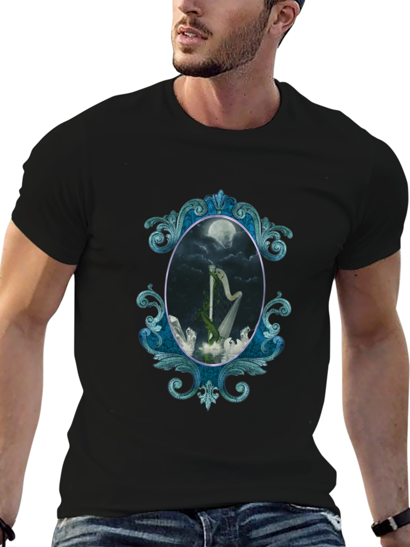 Mystic Harp T-Shirt - Gothic Moon Design