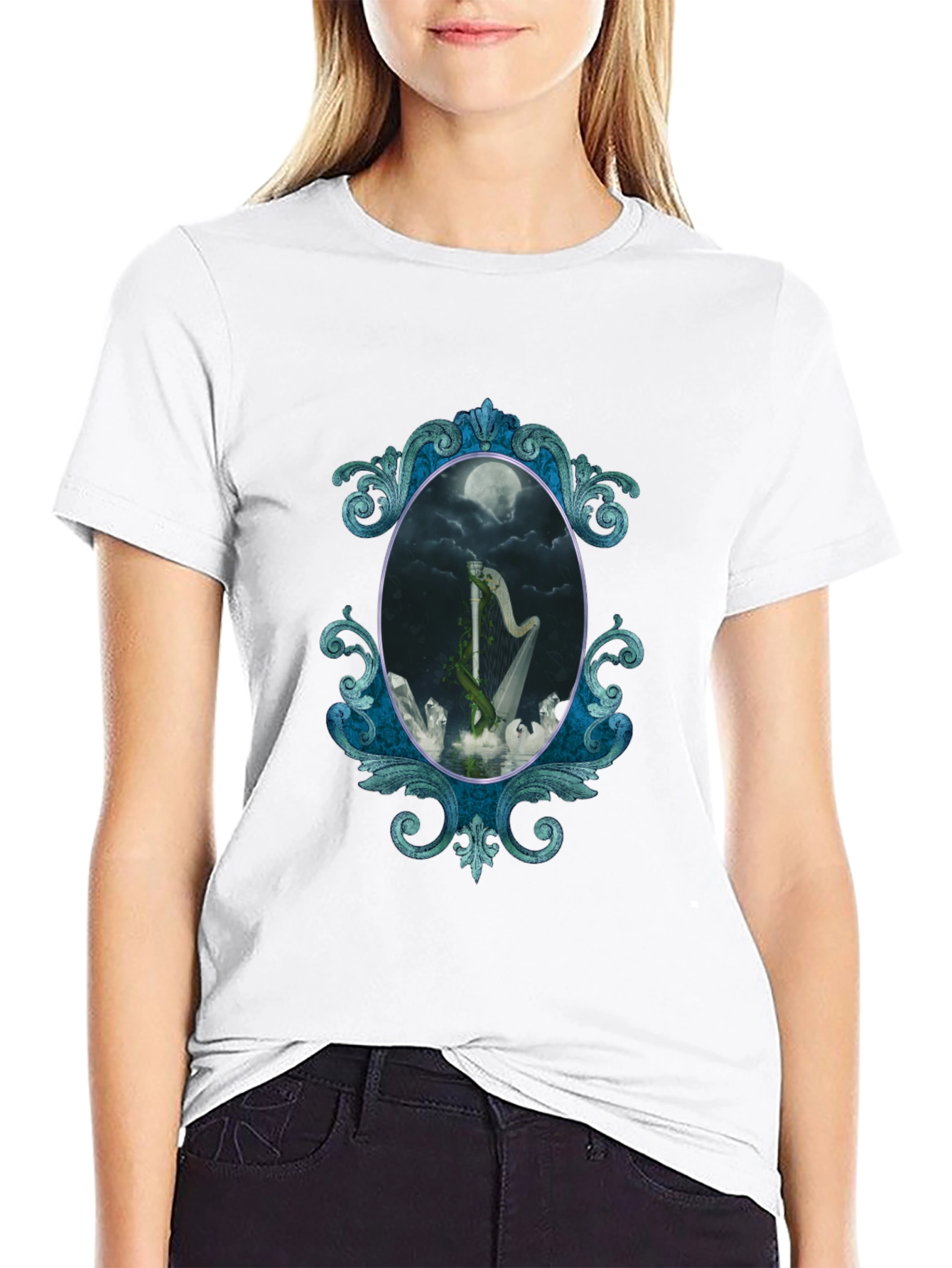 Mystic Harp T-Shirt - Gothic Moon Design
