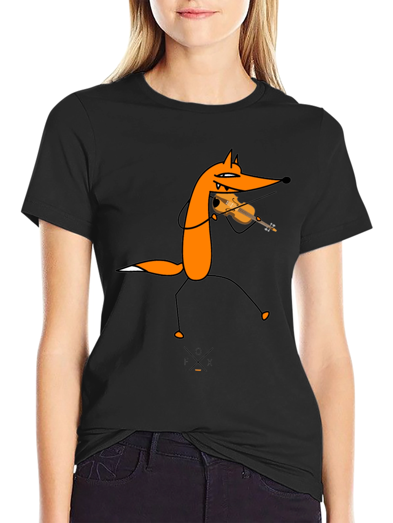 Funny Fox Violinist Black Graphic Tee