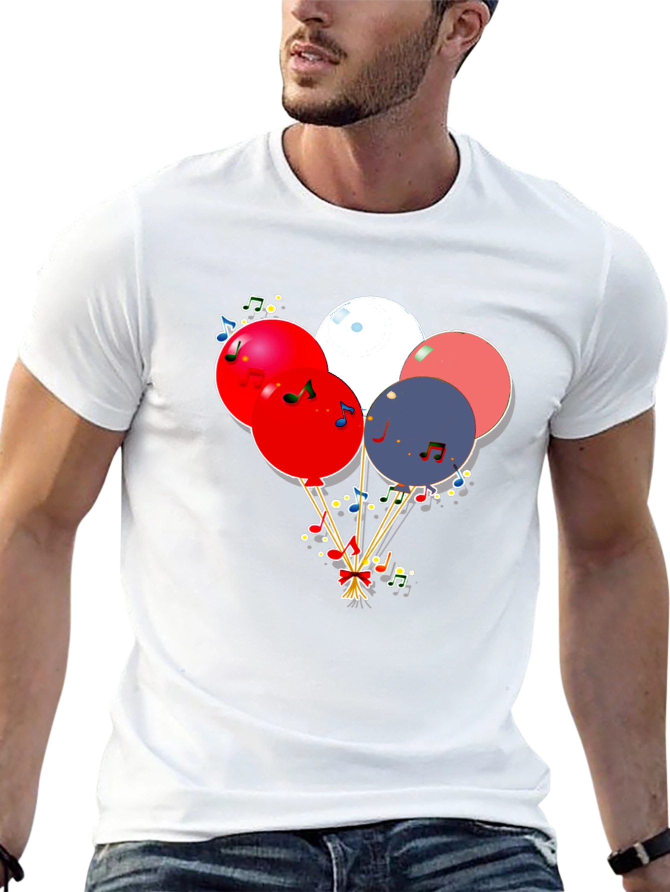 Festive Balloons & Music Notes Graphic Black T-Shirt
