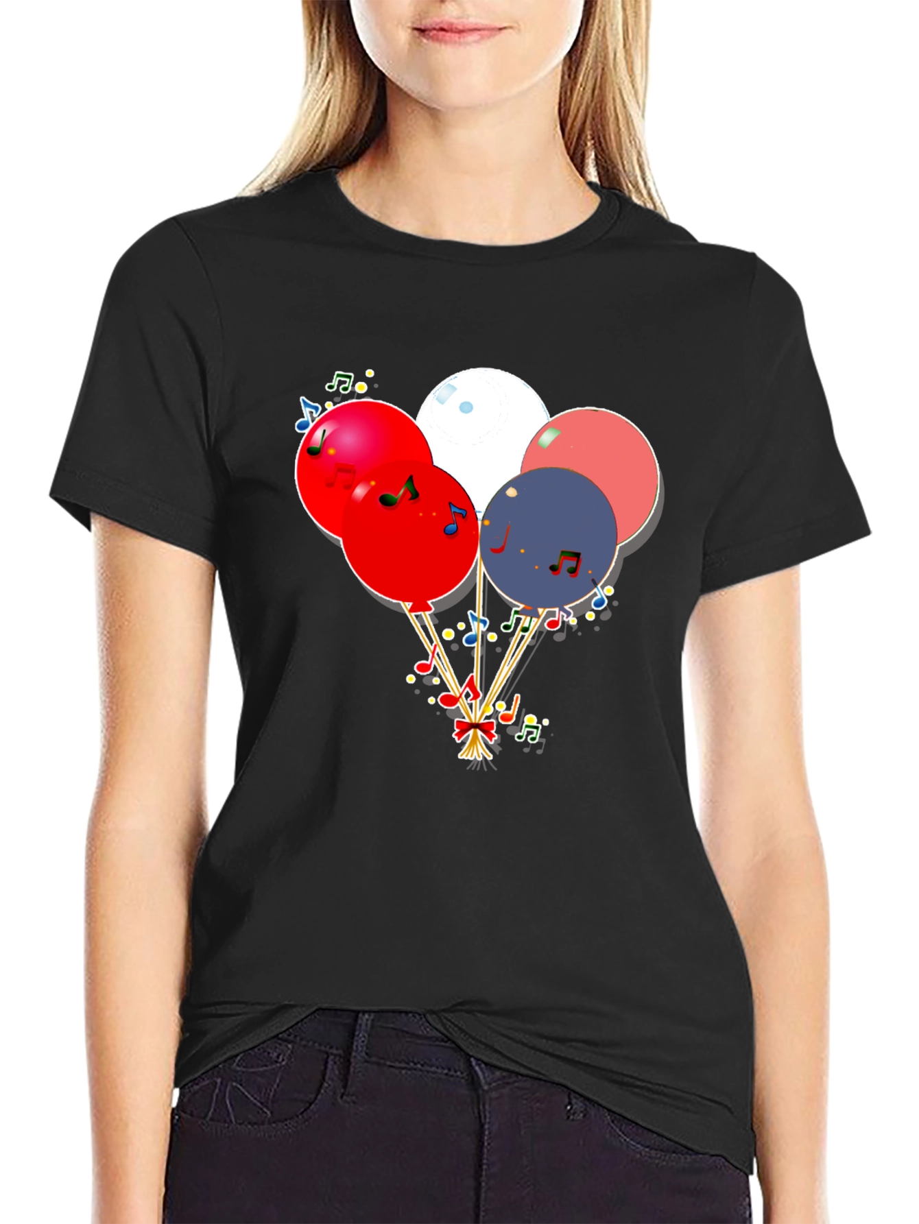 Festive Balloons & Music Notes Graphic Black T-Shirt
