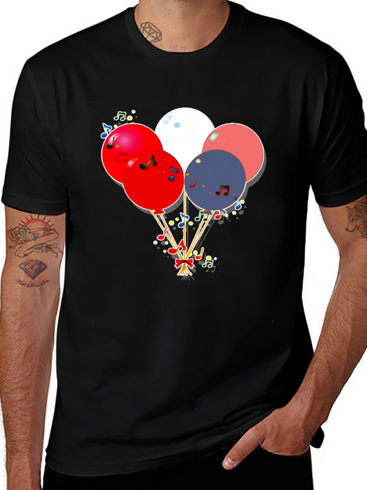 Festive Balloons & Music Notes Graphic Black T-Shirt