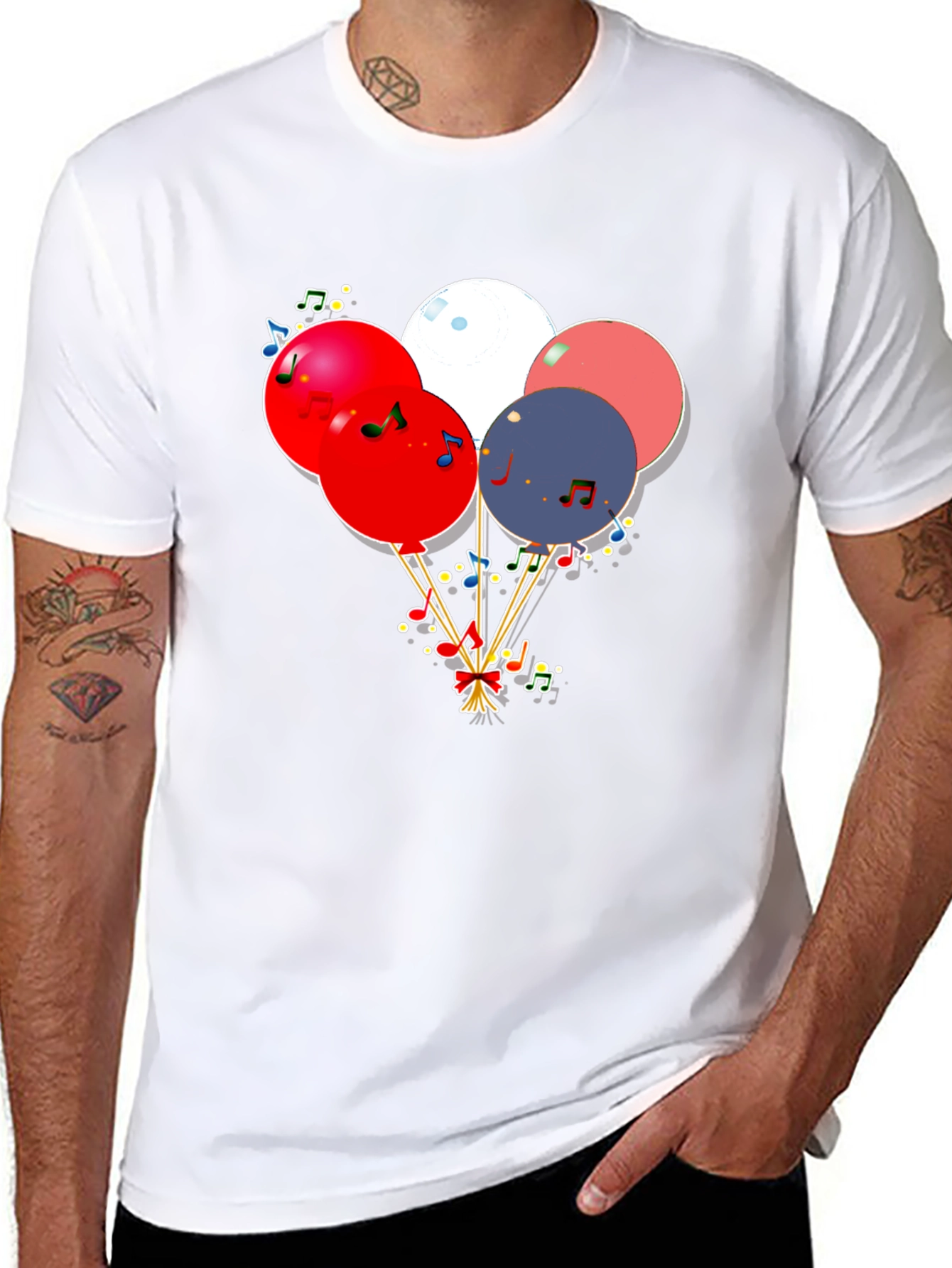 Festive Balloons & Music Notes Graphic Black T-Shirt