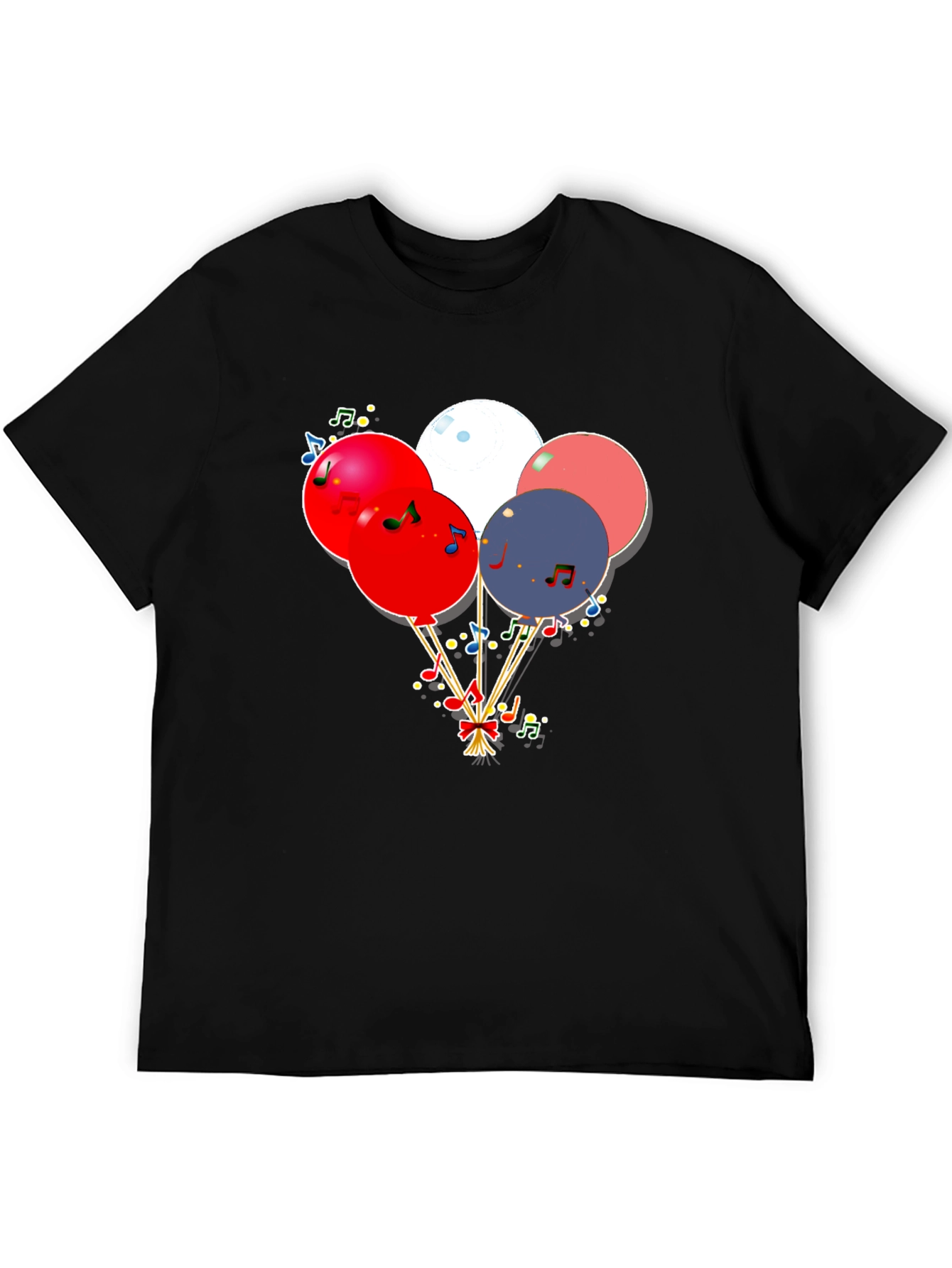 Festive Balloons & Music Notes Graphic Black T-Shirt