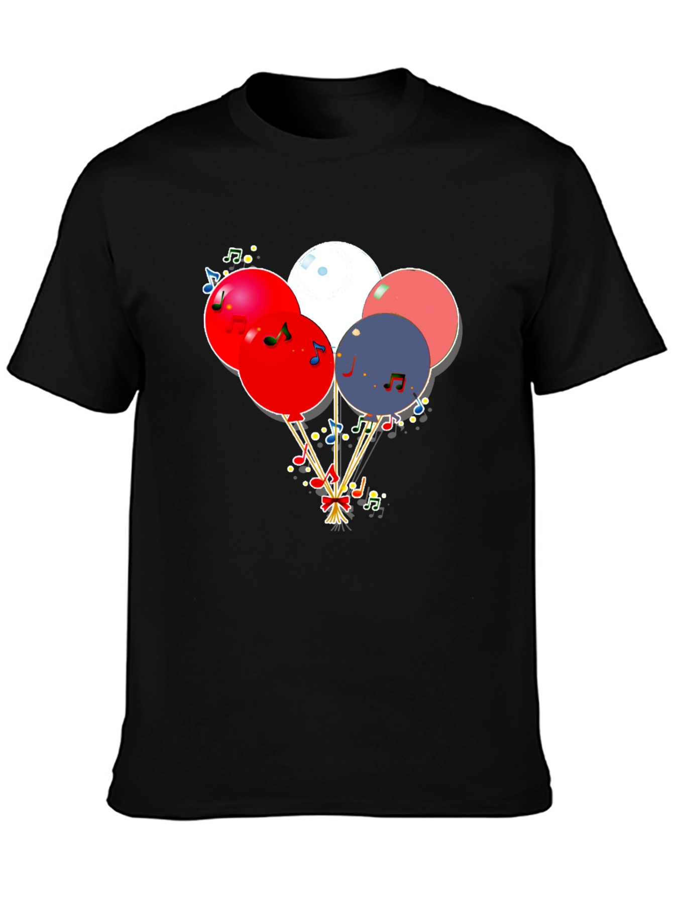 Festive Balloons & Music Notes Graphic Black T-Shirt