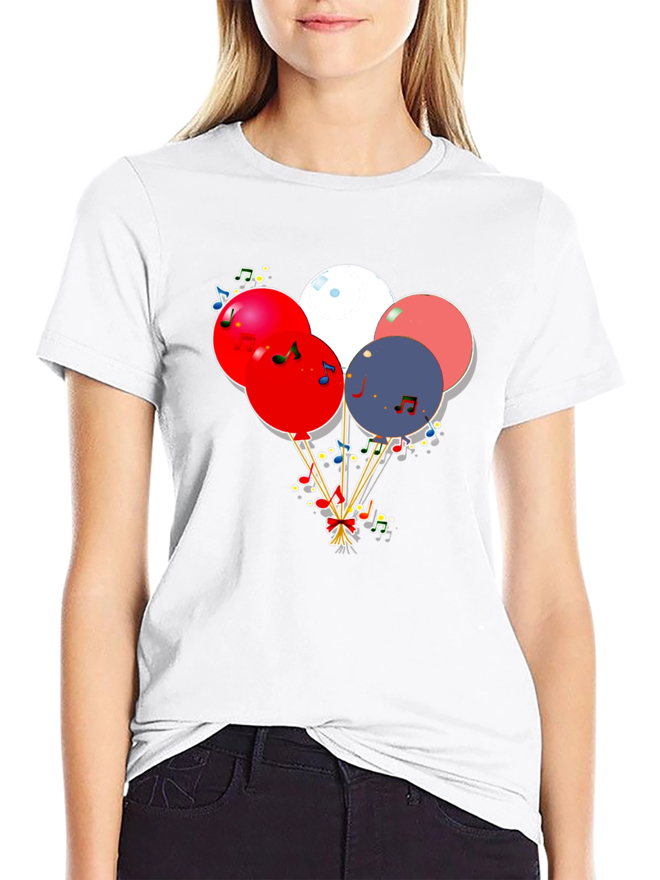 Festive Balloons & Music Notes Graphic Black T-Shirt