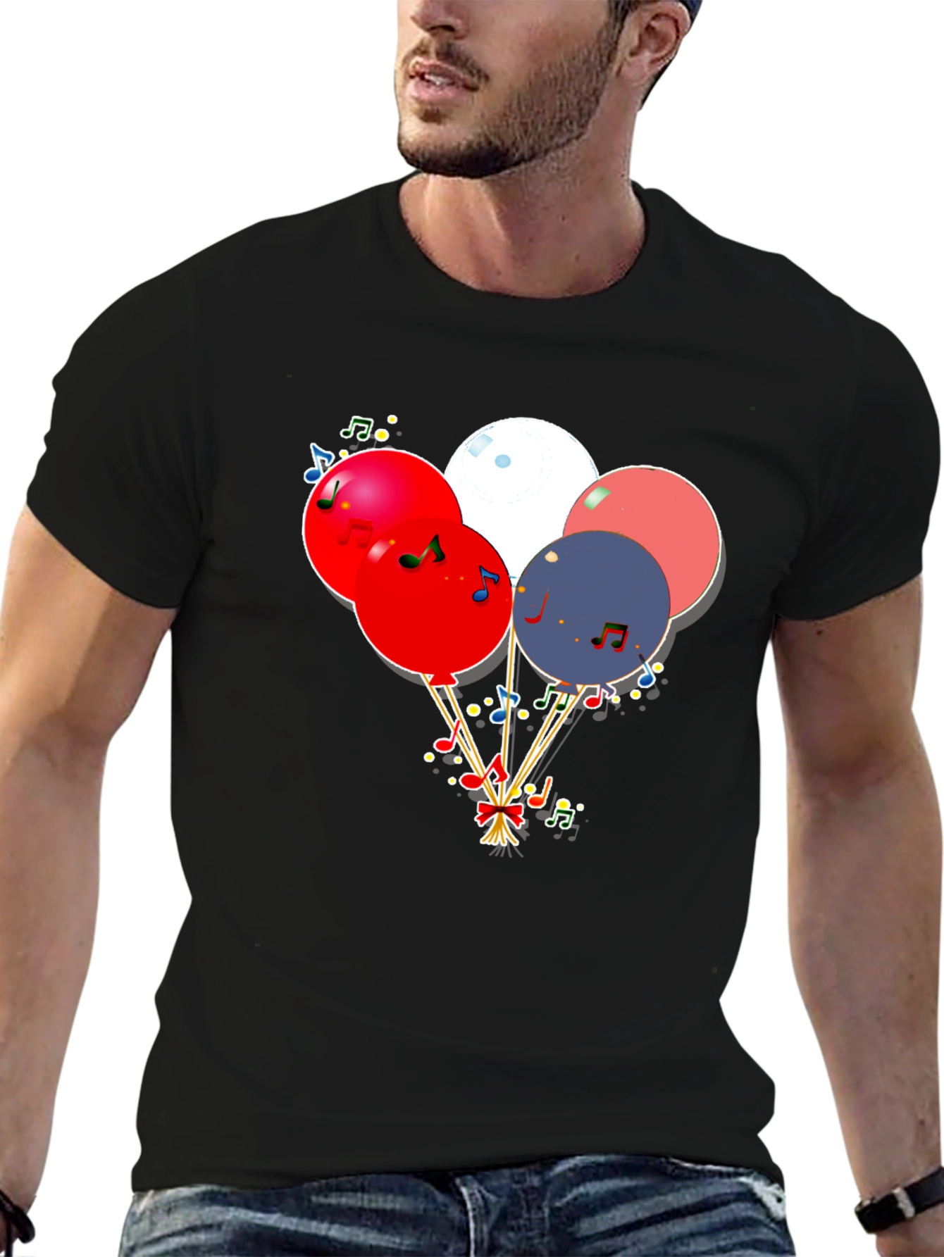 Festive Balloons & Music Notes Graphic Black T-Shirt