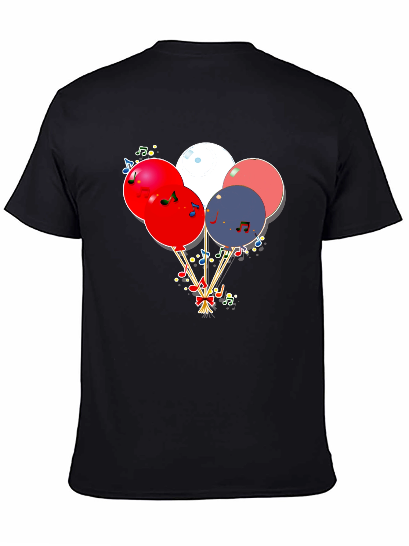 Festive Balloons & Music Notes Graphic Black T-Shirt