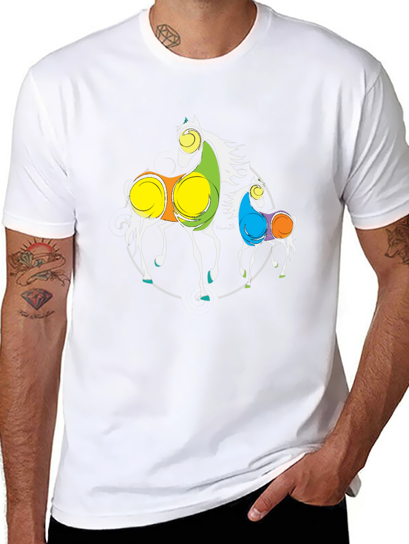 Abstract Horses Graphic Black T-Shirt
