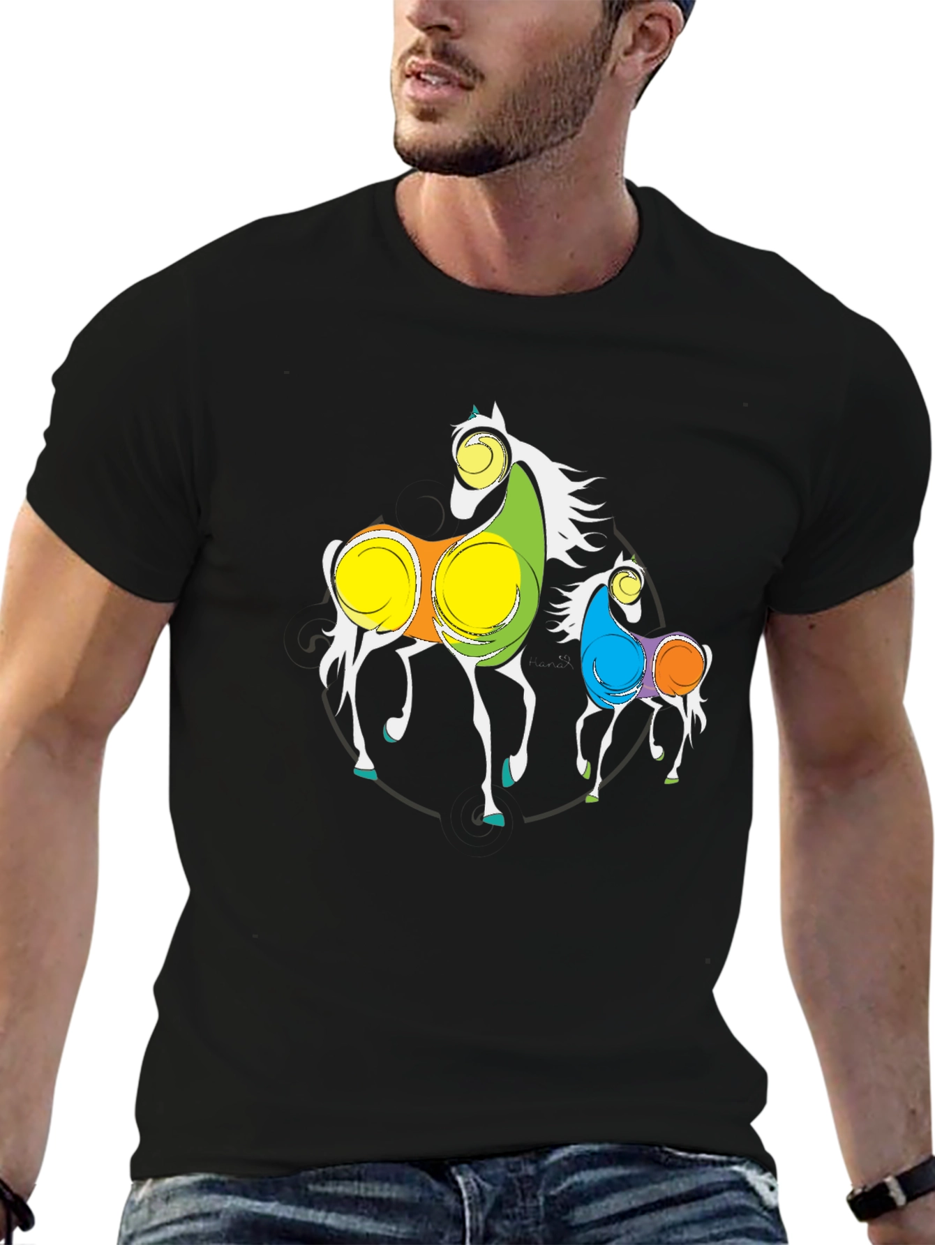 Abstract Horses Graphic Black T-Shirt