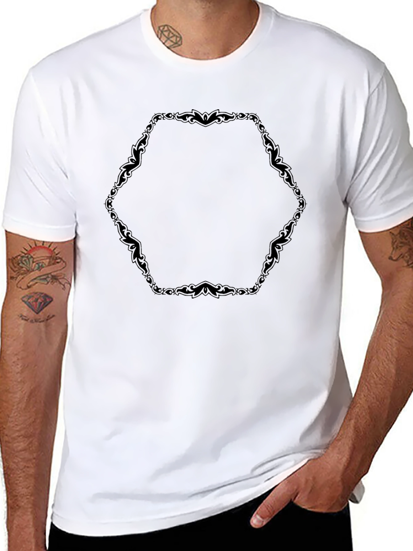 Mens Black Tee with Ornamental Hexagon Design