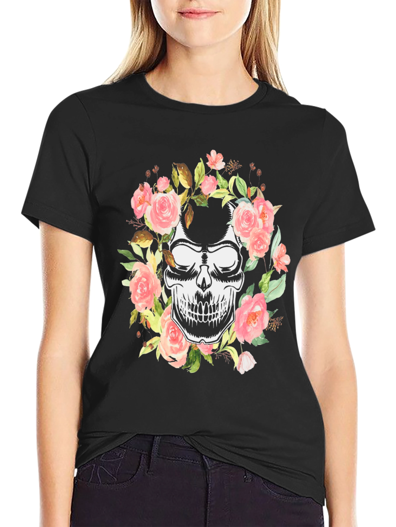 Floral Skull Graphic Black T-Shirt