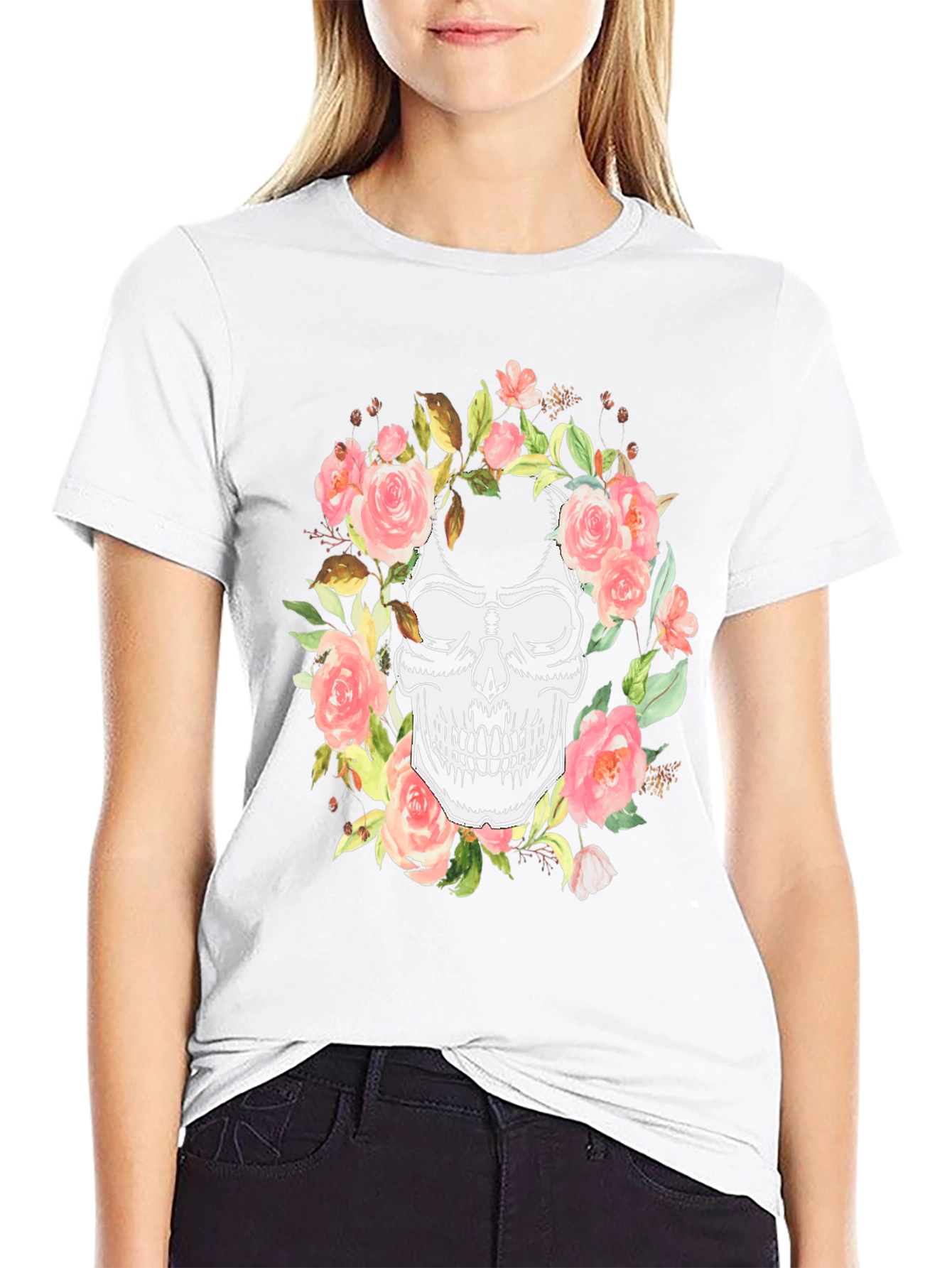 Floral Skull Graphic Black T-Shirt