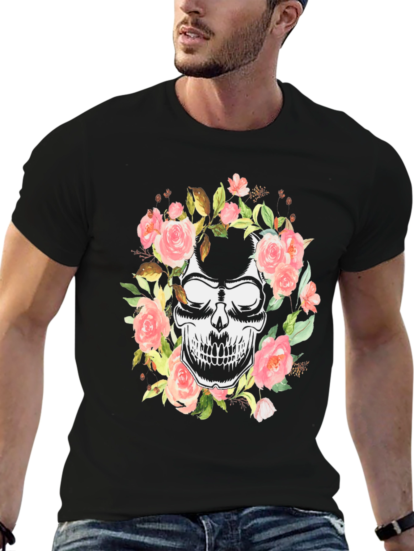 Floral Skull Graphic Black T-Shirt