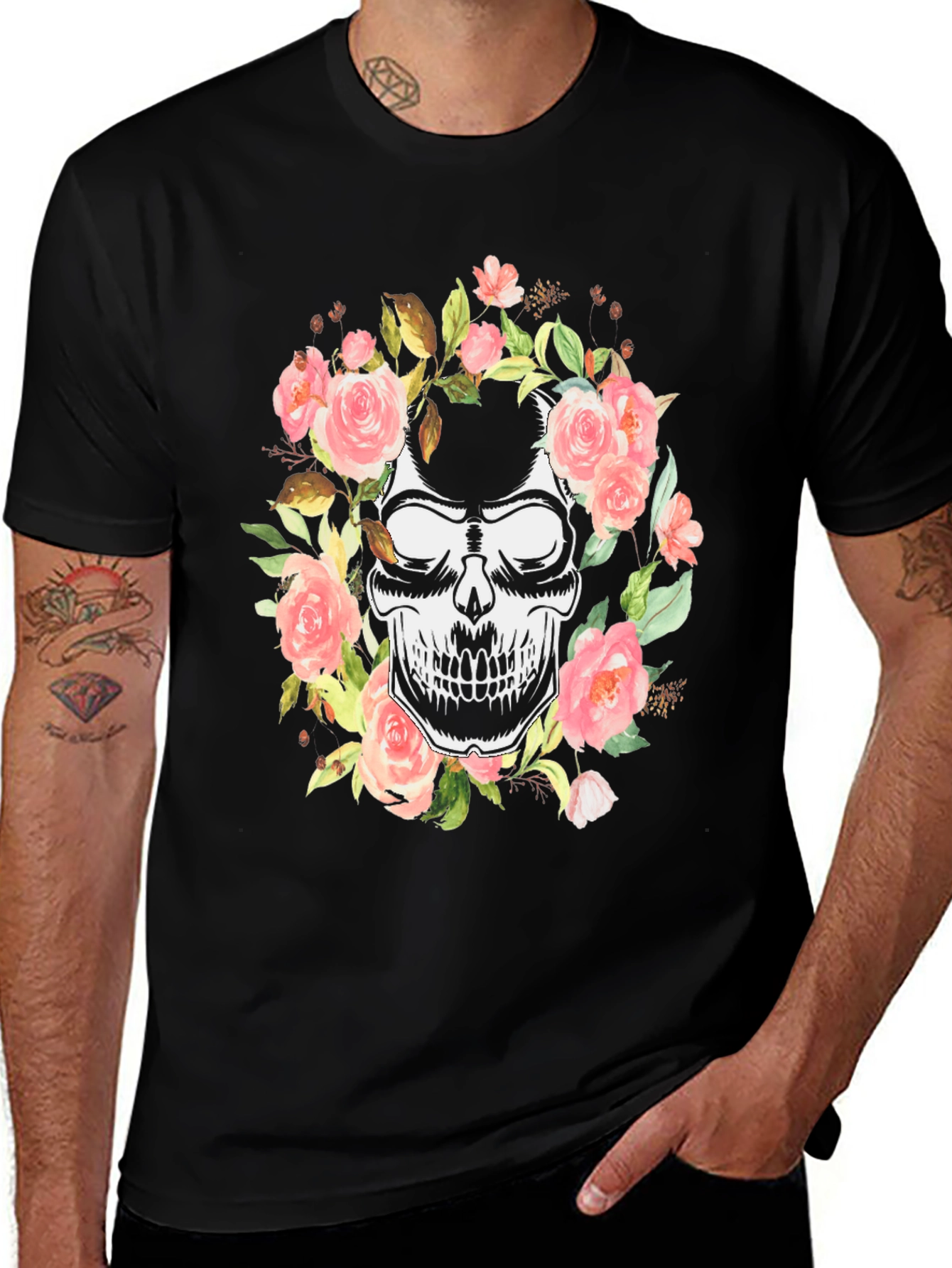Floral Skull Graphic Black T-Shirt