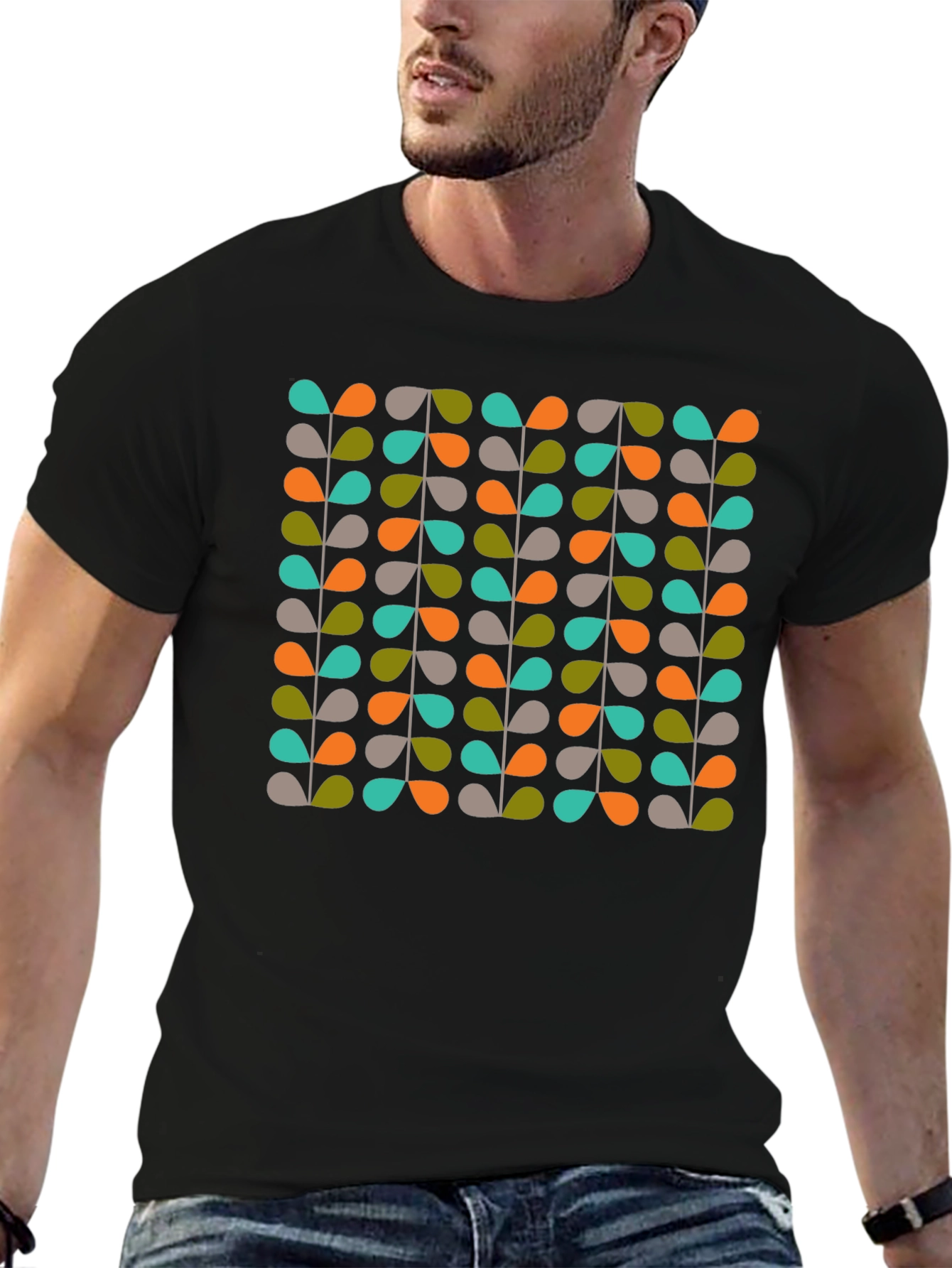 Retro Leaves Pattern Black T-Shirt