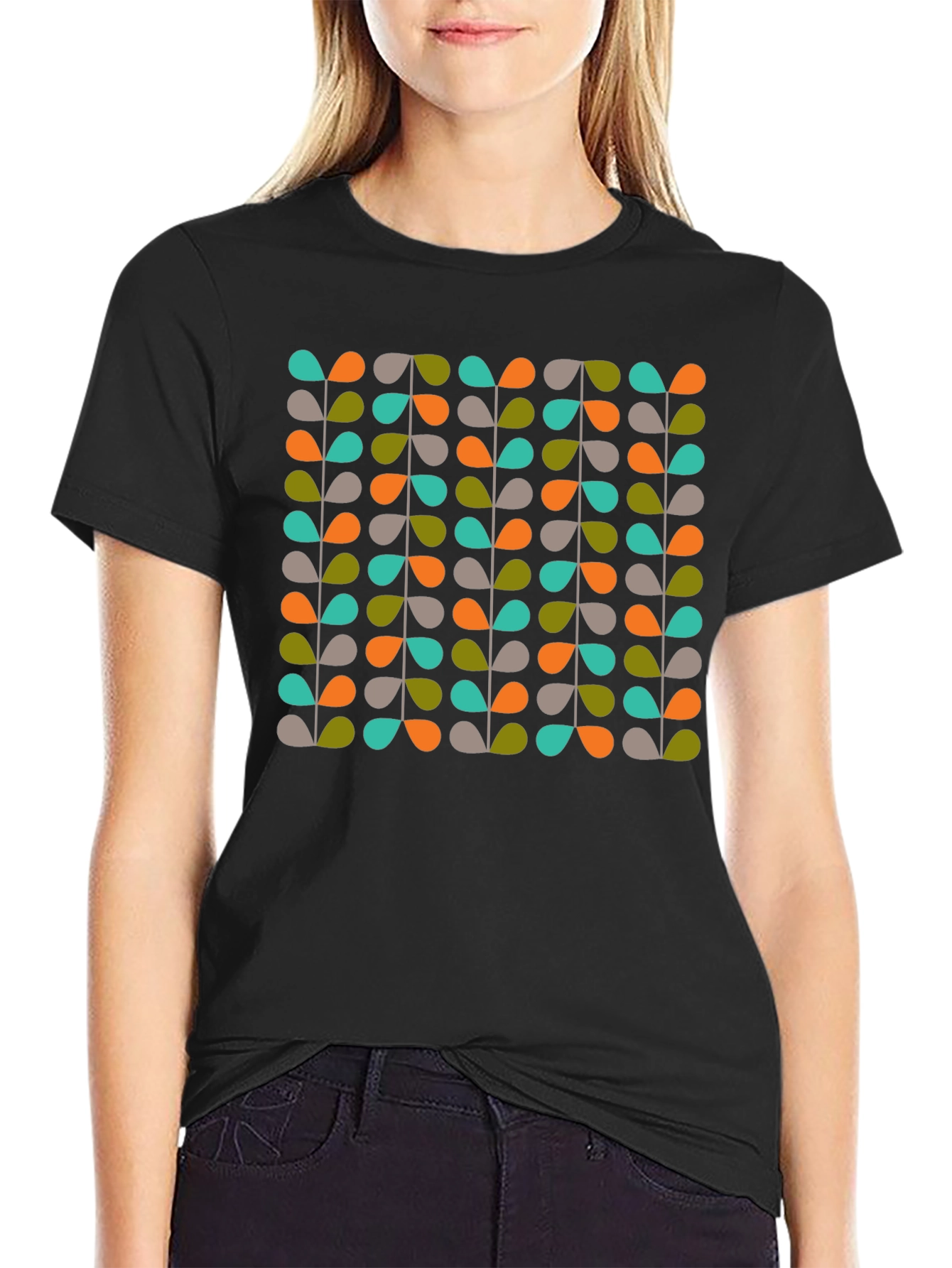 Retro Leaves Pattern Black T-Shirt