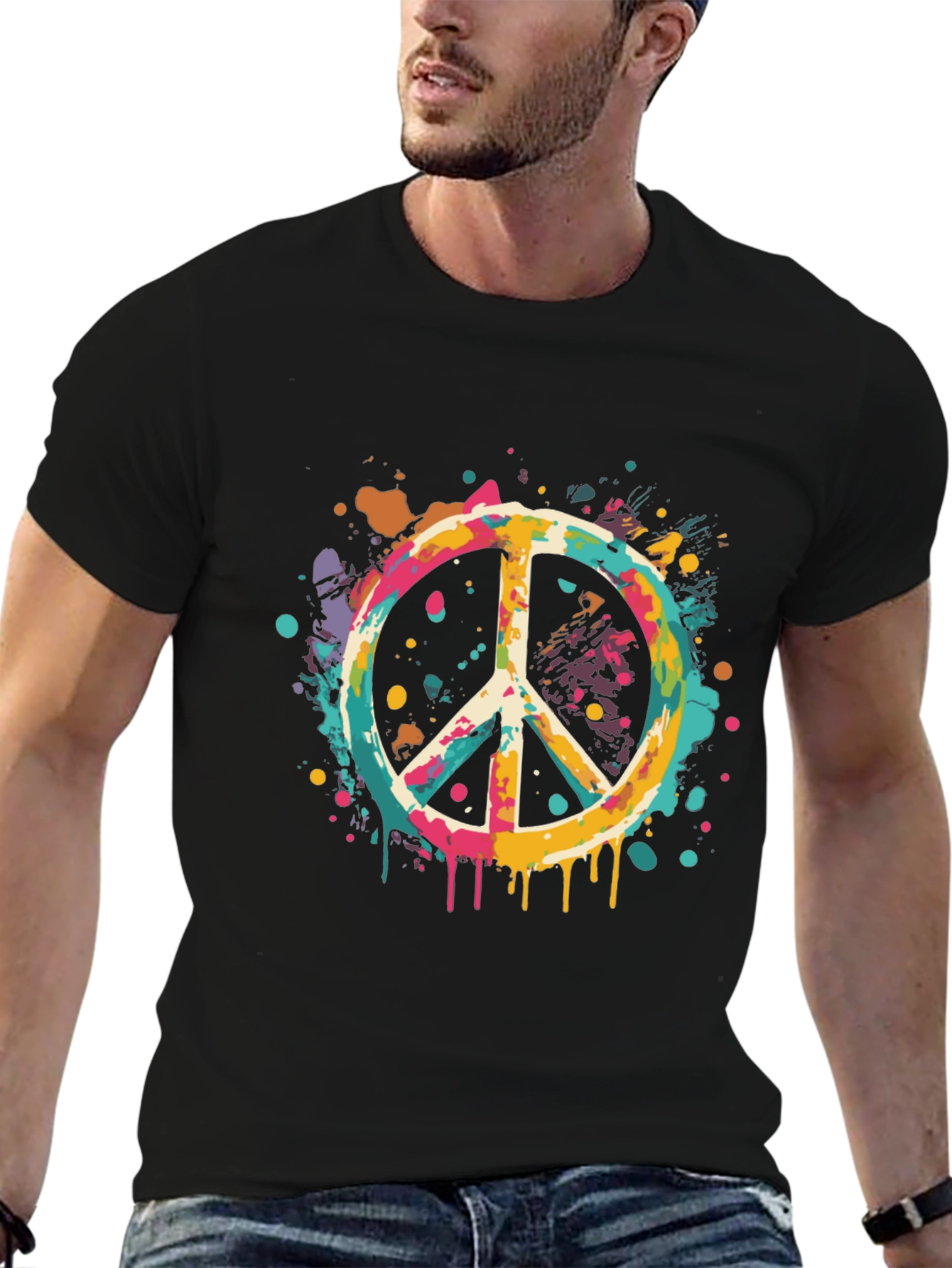 Retro Peace Sign Graphic Tee - Mens Black T-Shirt