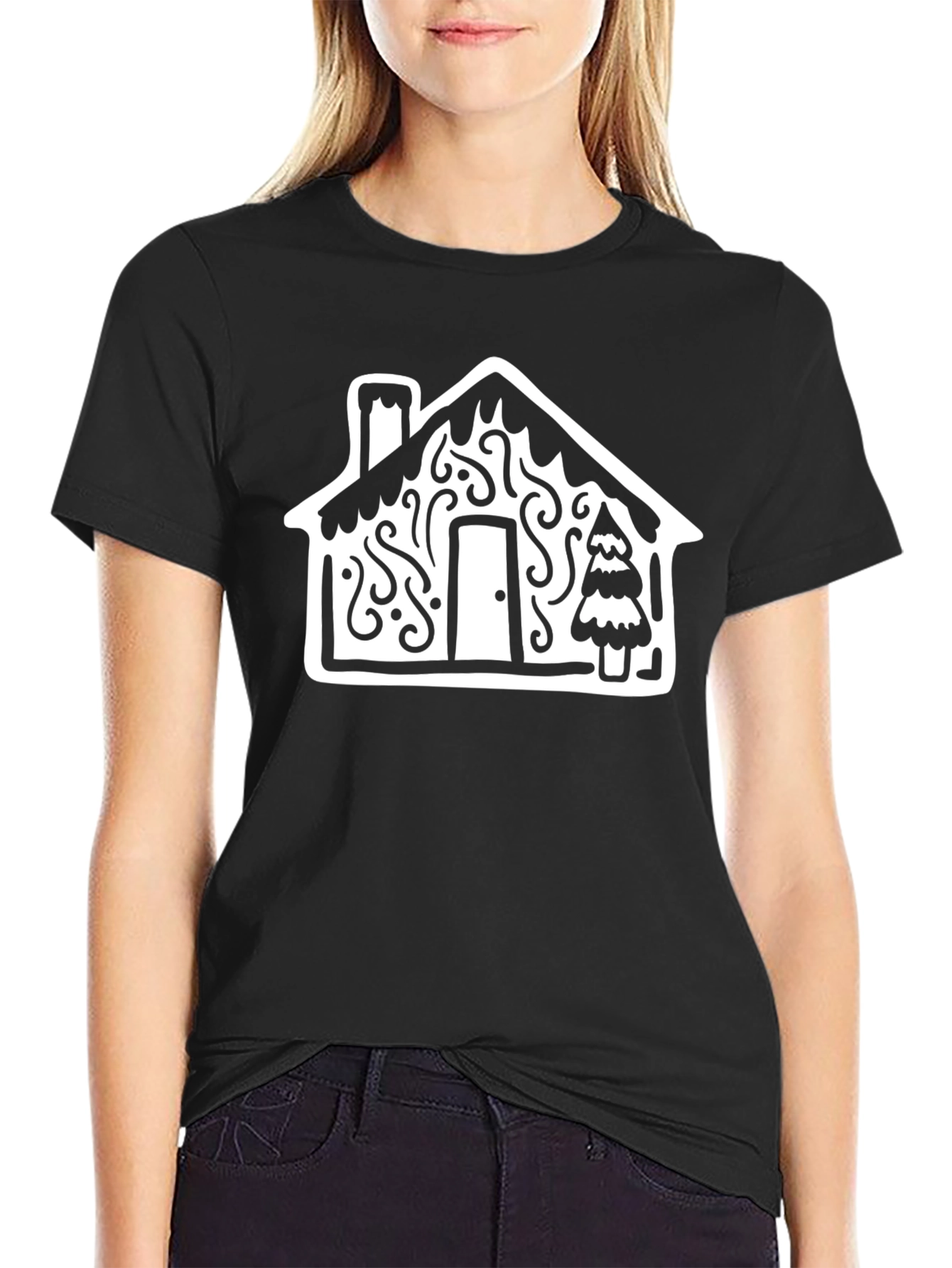 Festive House Graphic Tee - Black Cotton Blend