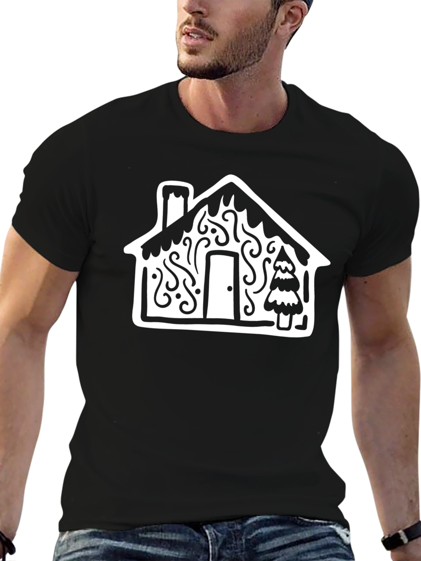 Festive House Graphic Tee - Black Cotton Blend