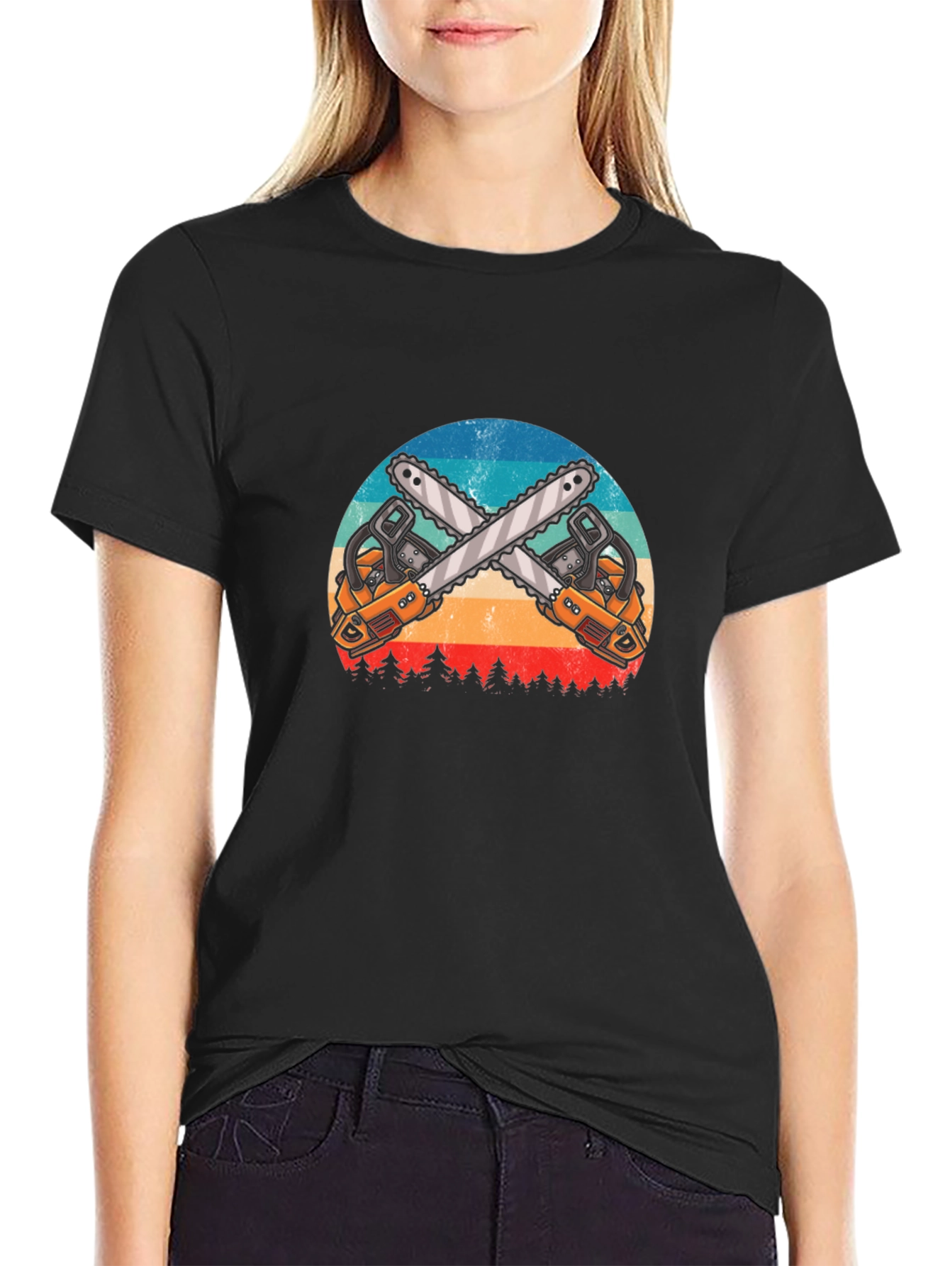 Crossed Chainsaws Black Graphic T-Shirt