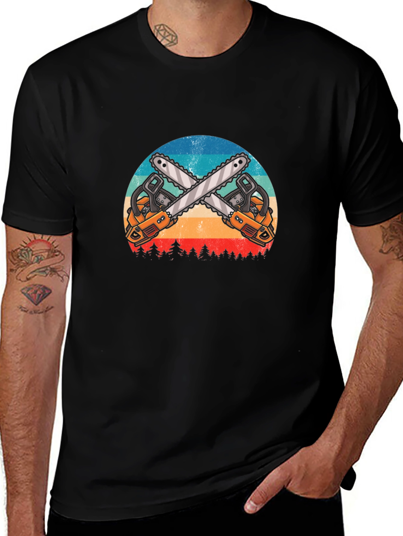Crossed Chainsaws Black Graphic T-Shirt