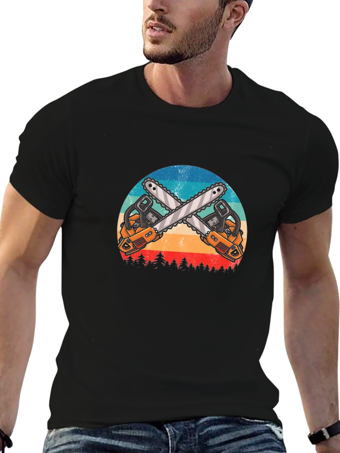 Crossed Chainsaws Black Graphic T-Shirt