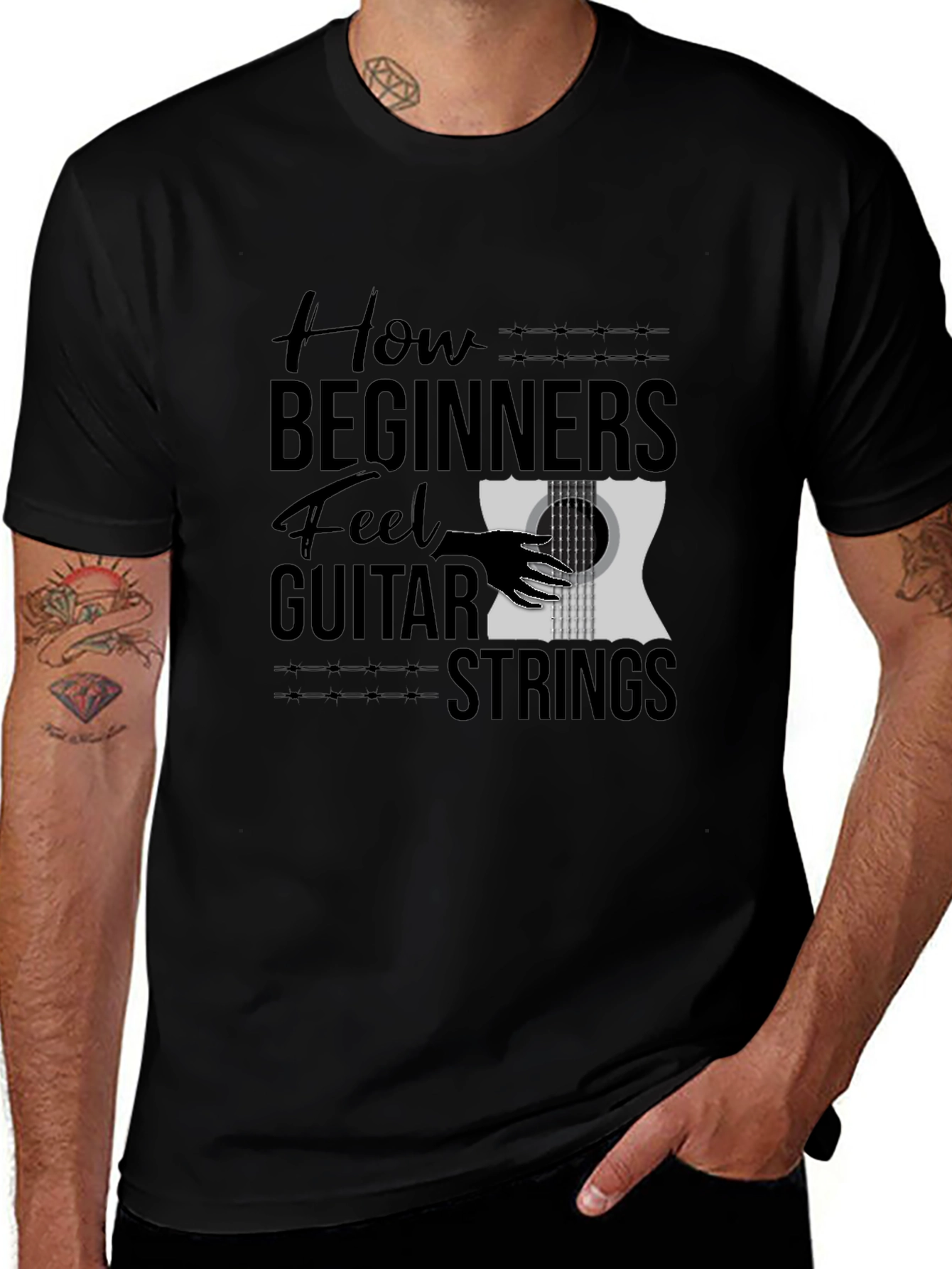 How Beginners Feel Guitar Strings Black T-Shirt