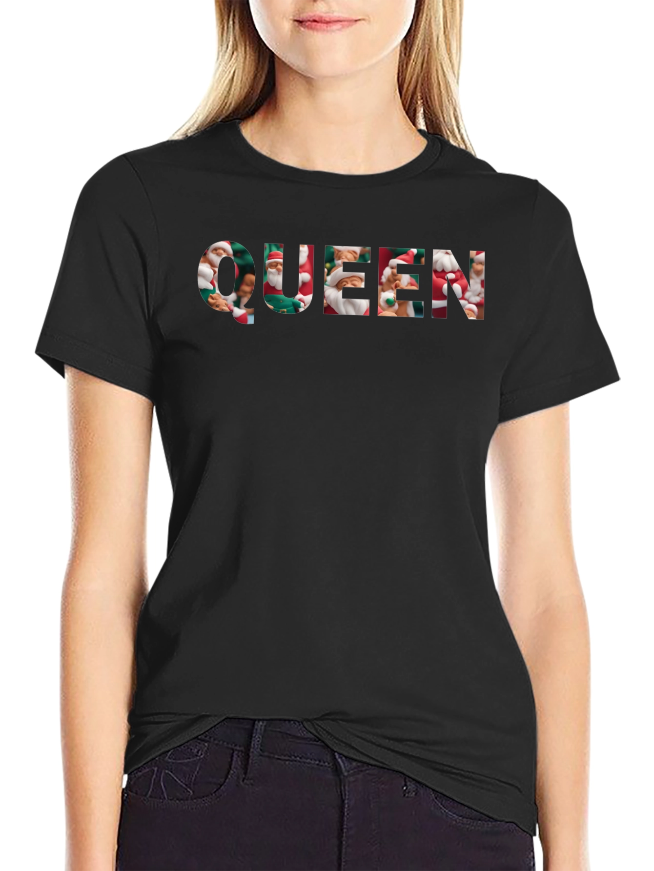 Queen Santa Print Black T-Shirt