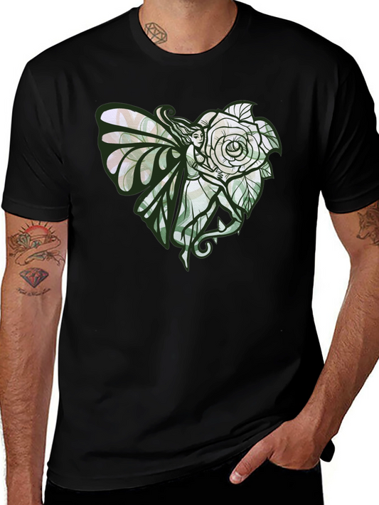 Fairy and Rose Heart Graphic Tee - Black