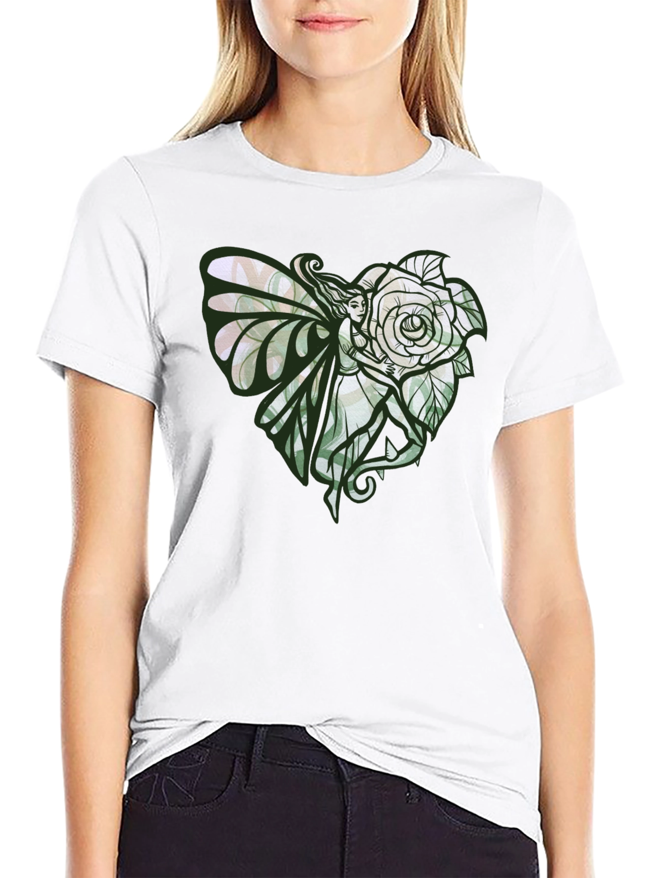Fairy and Rose Heart Graphic Tee - Black