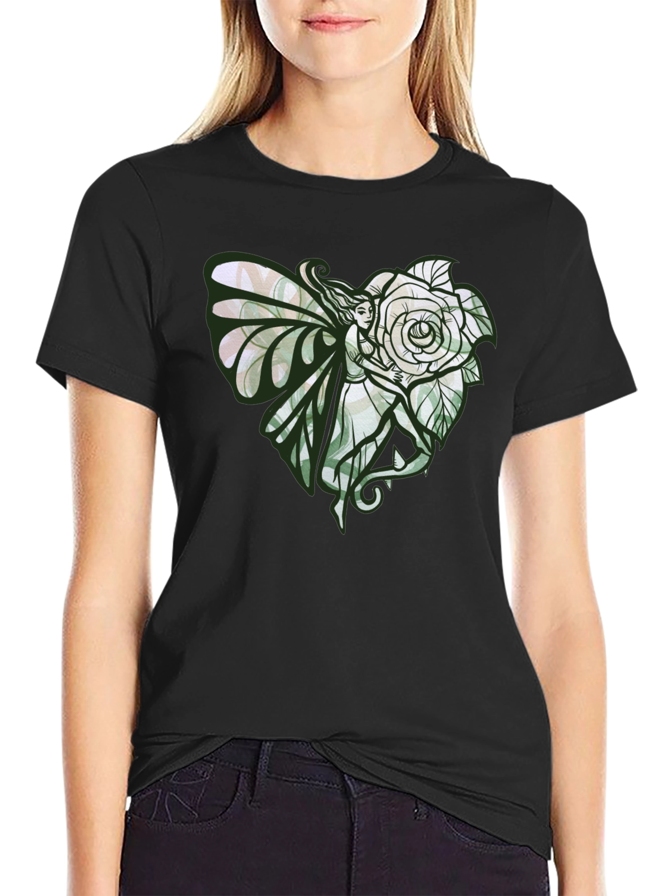 Fairy and Rose Heart Graphic Tee - Black