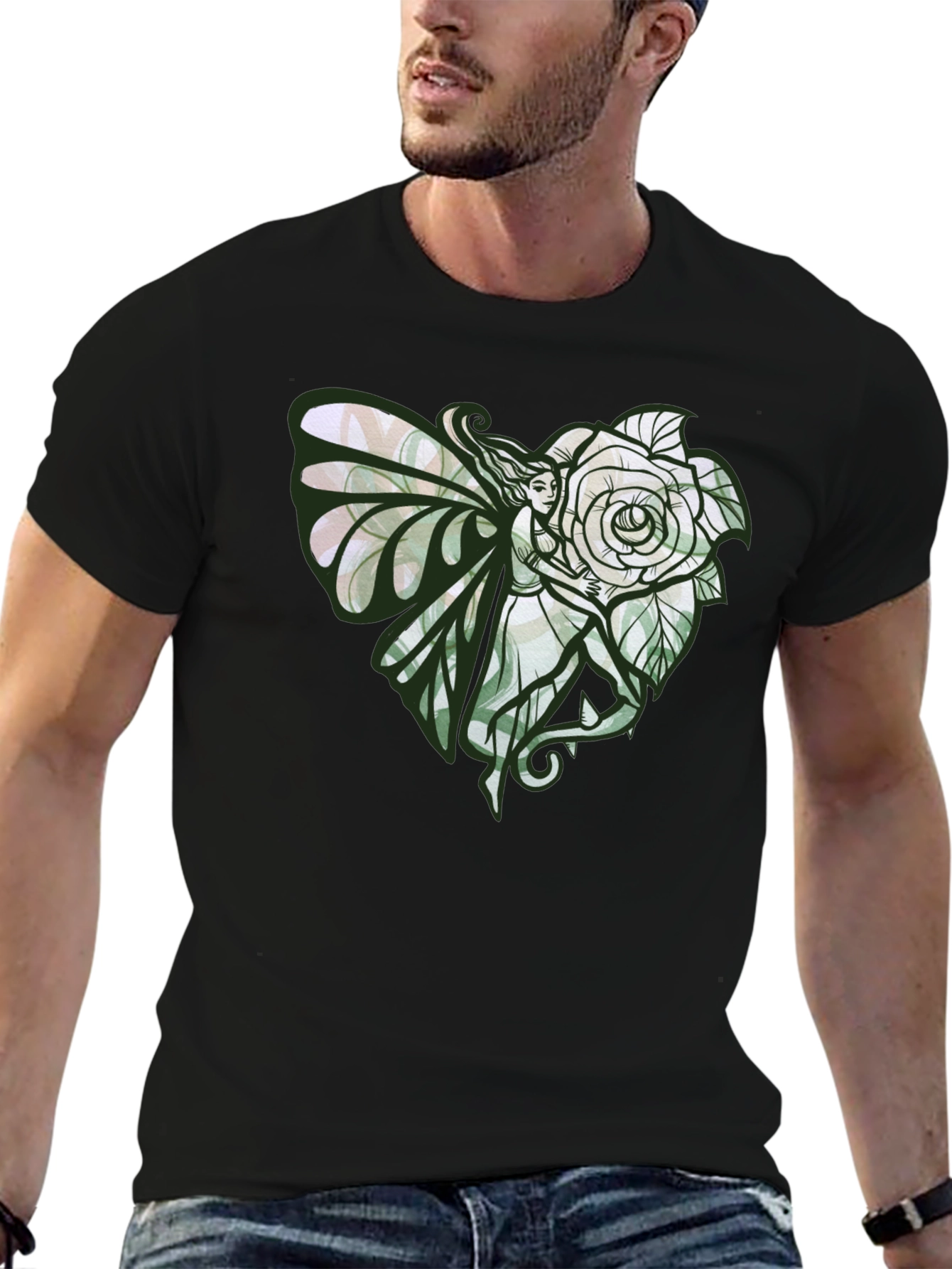 Fairy and Rose Heart Graphic Tee - Black