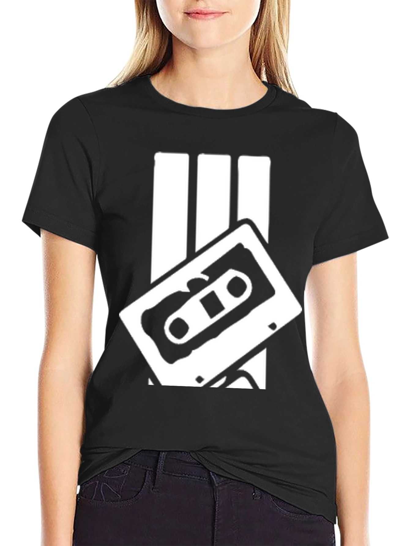 Retro Cassette Tape Graphic Tee - Black Cotton Blend