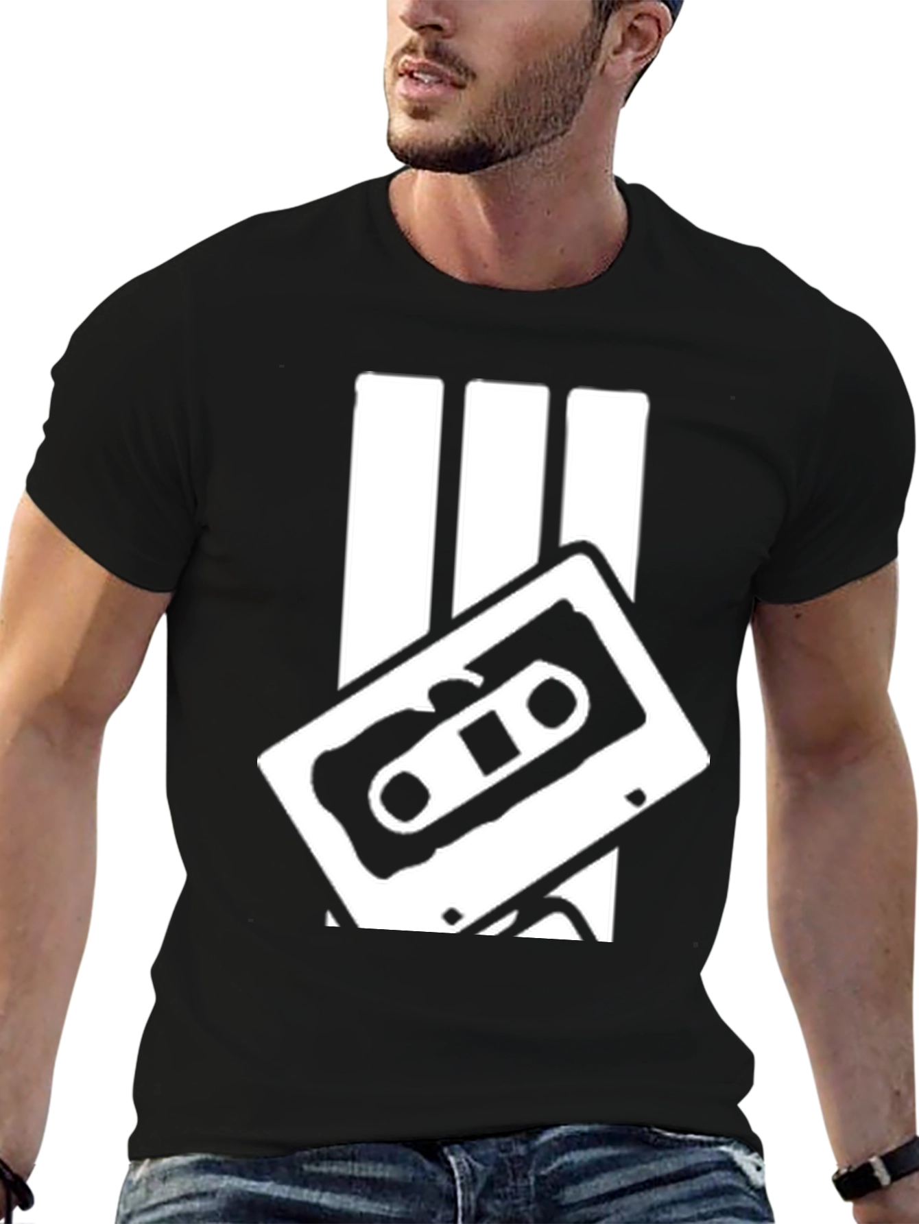 Retro Cassette Tape Graphic Tee - Black Cotton Blend