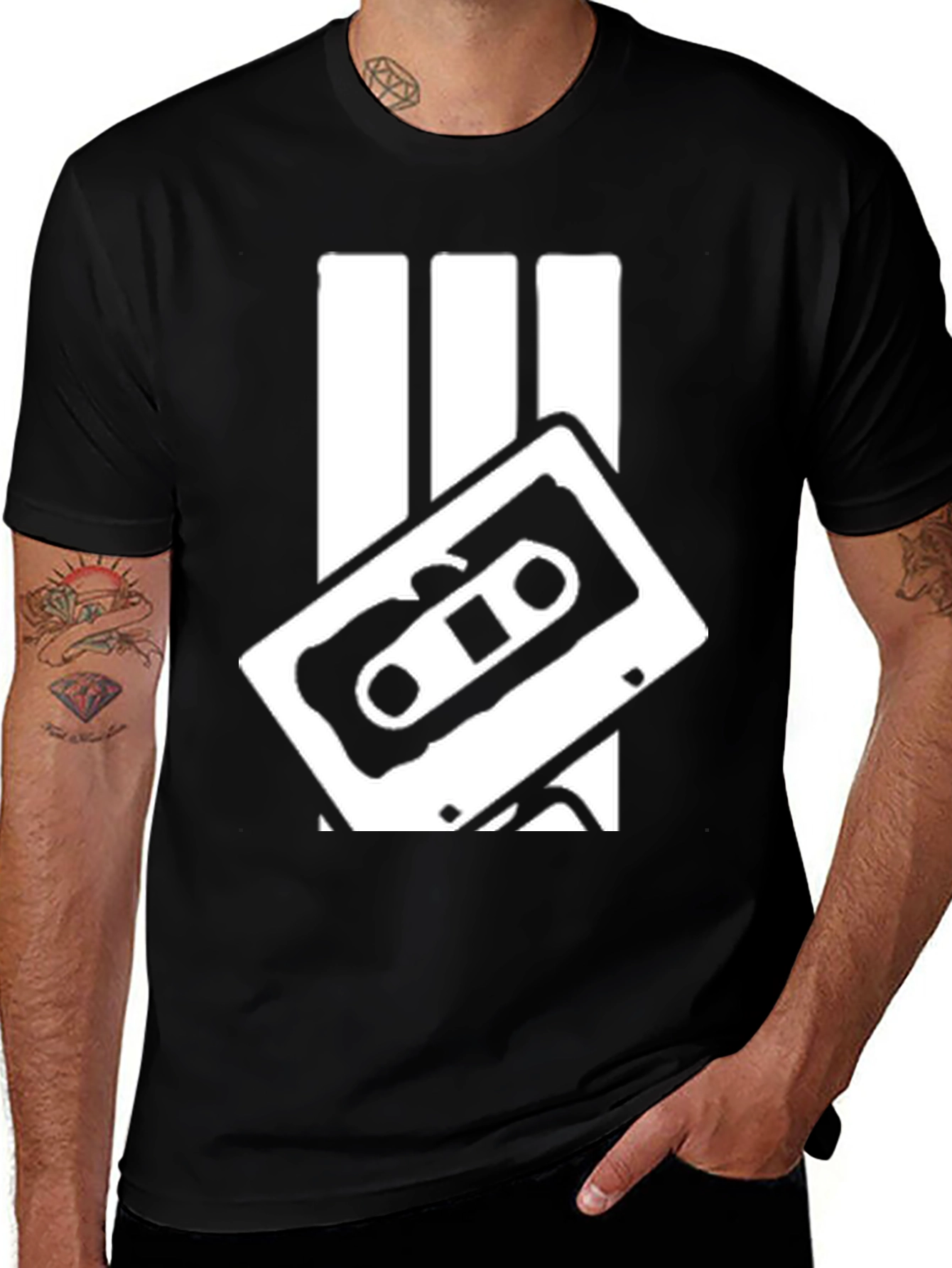 Retro Cassette Tape Graphic Tee - Black Cotton Blend