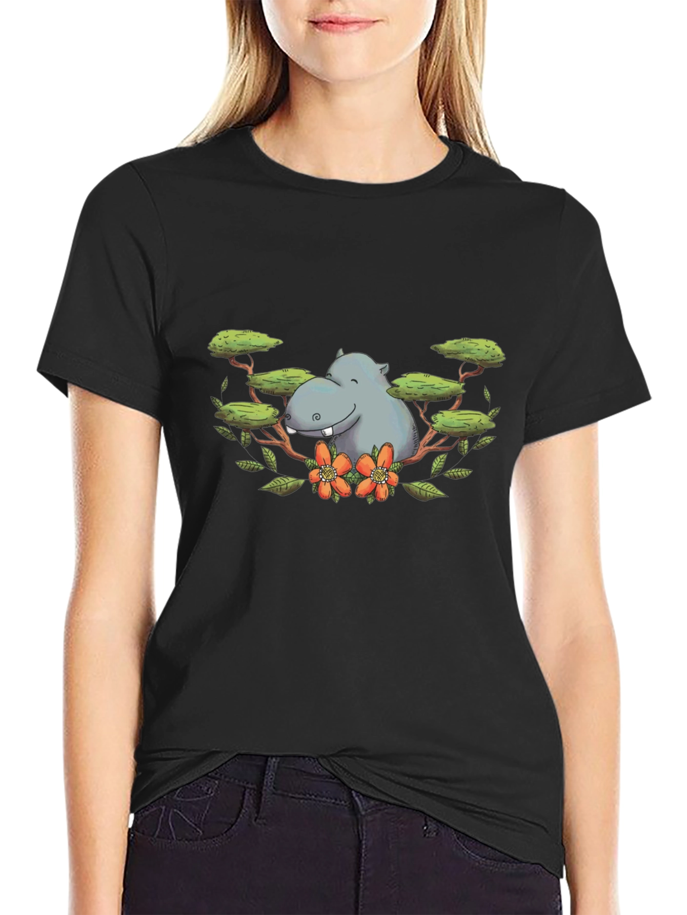Hippo Graphic Print Black T-Shirt